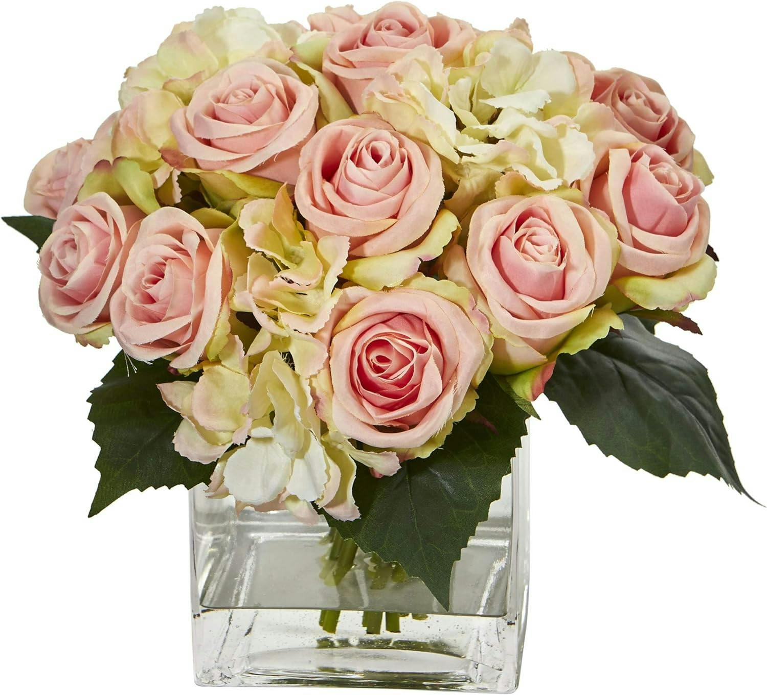 Charming Springtime Rose & Hydrangea 14" Tabletop Floral Arrangement