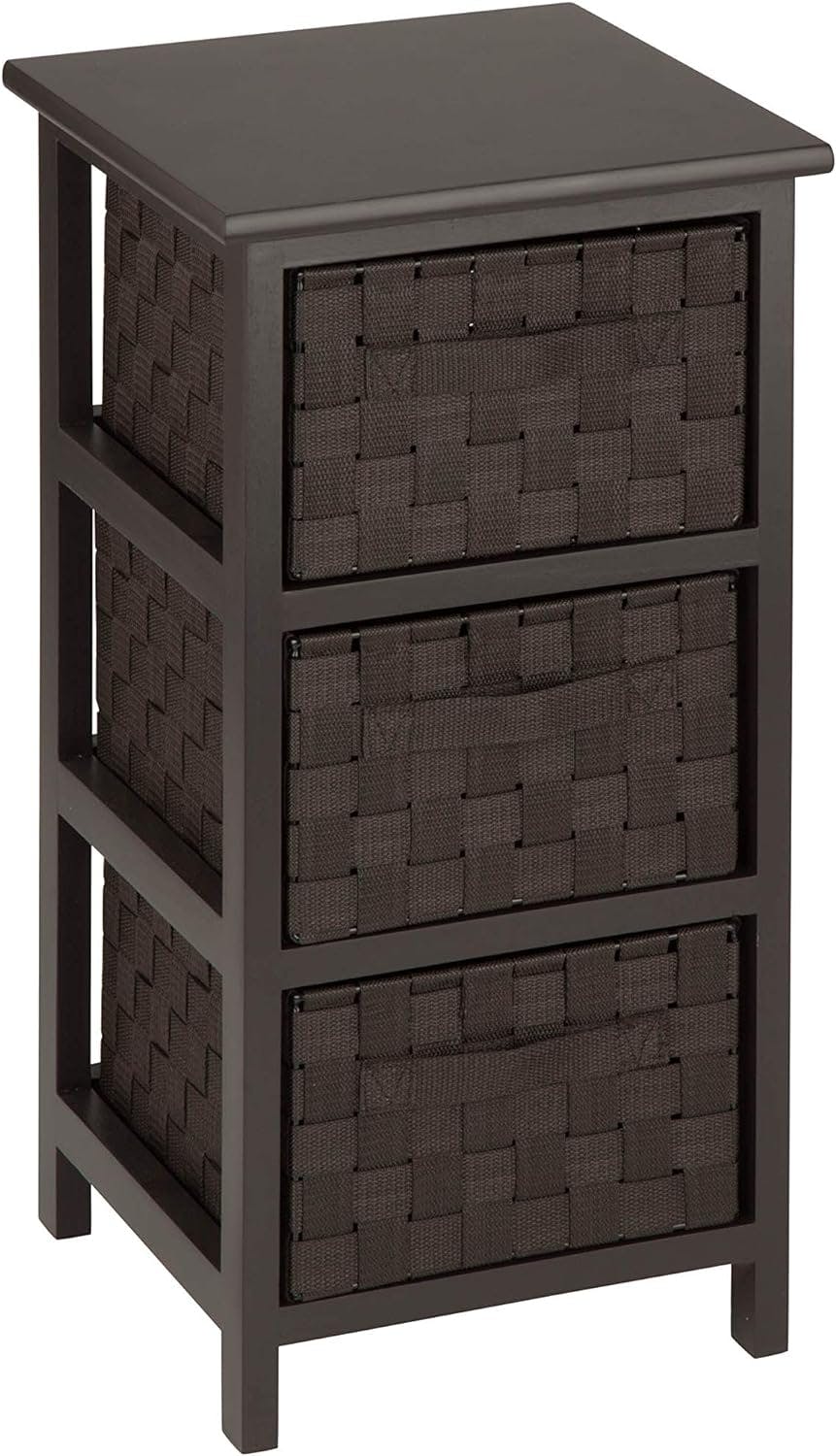 Espresso Wood Frame & Woven Fabric Versatile 3-Tier Storage Cabinet