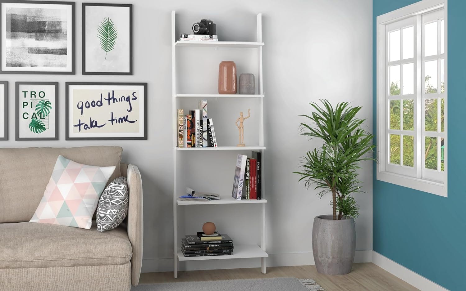 Modern White Wood 5-Shelf Floating Ladder Bookcase