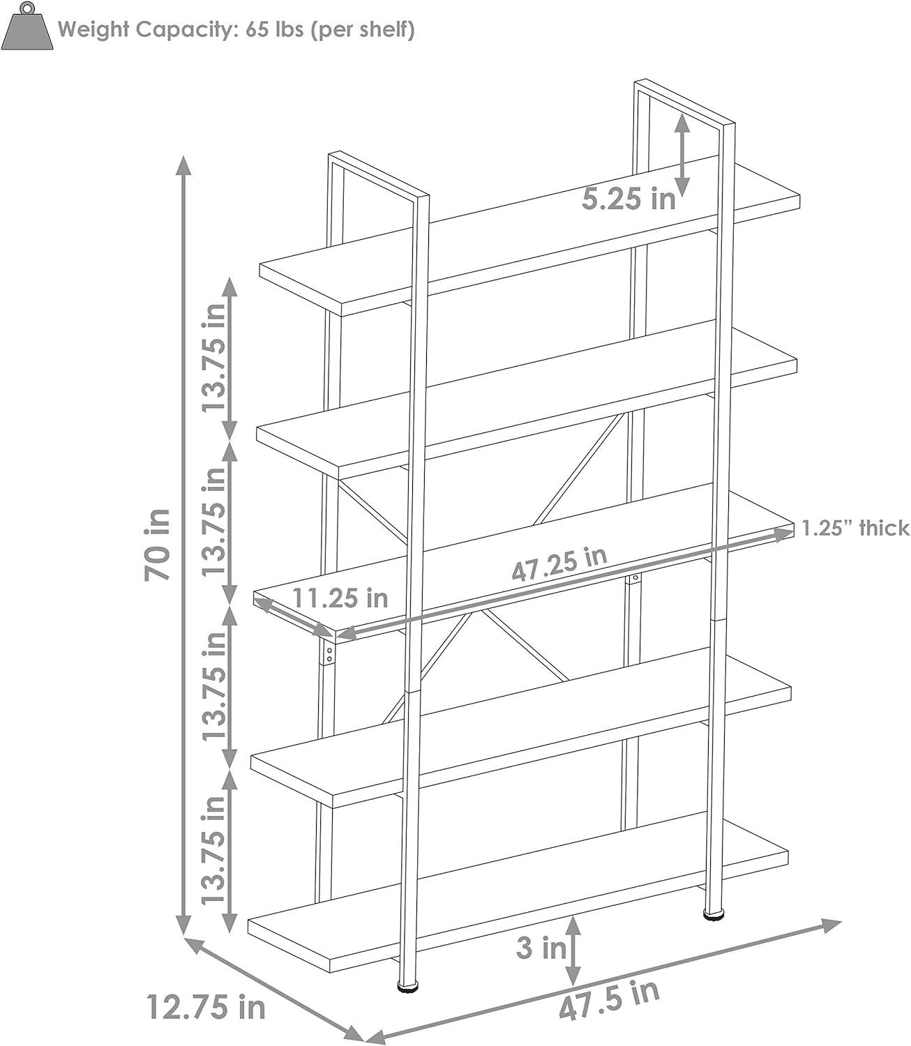 Adjustable Teak Veneer 5-Tier Freestanding Industrial Bookshelf