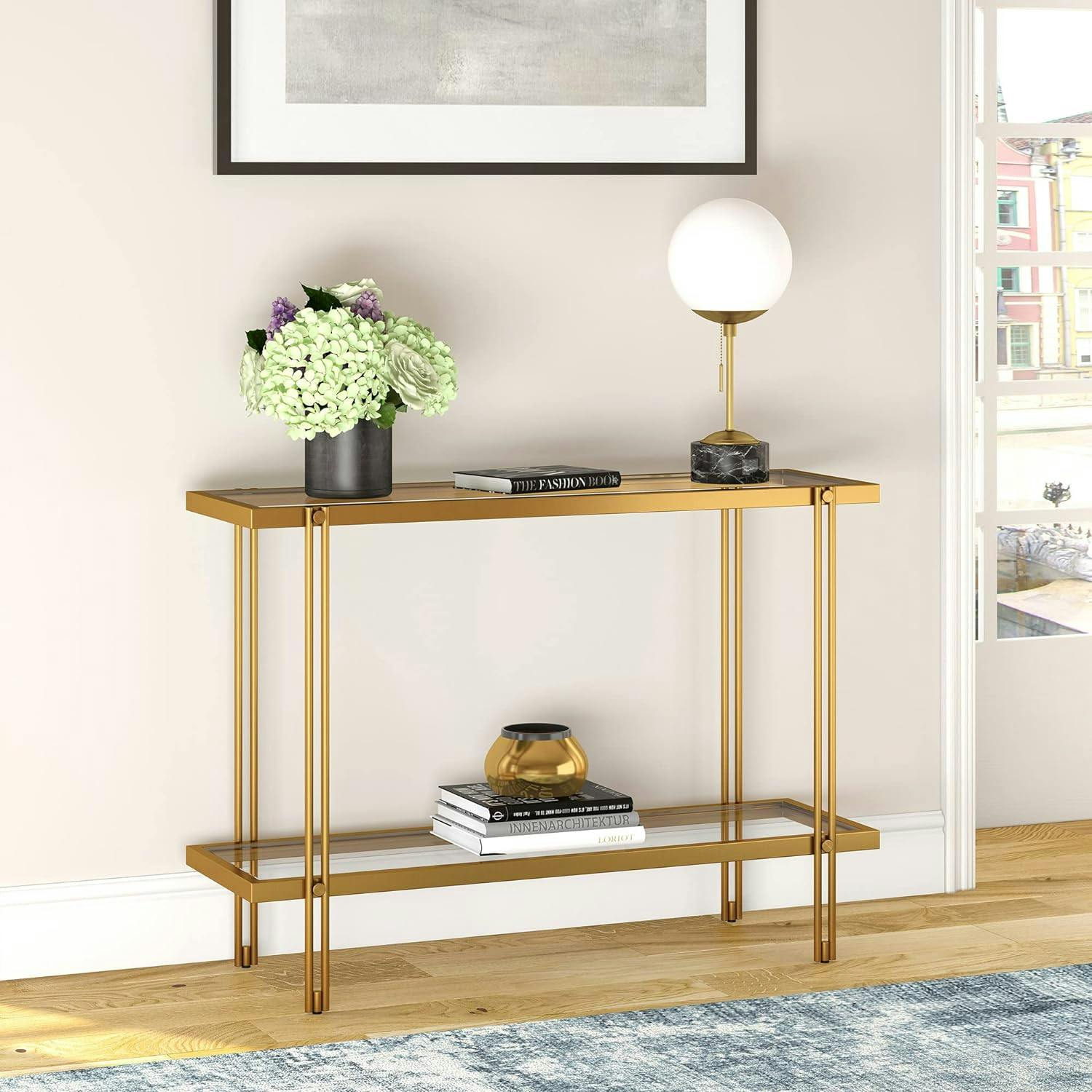 Modern Brass Finish Rectangular Coffee Table with Glass Storage Shelf