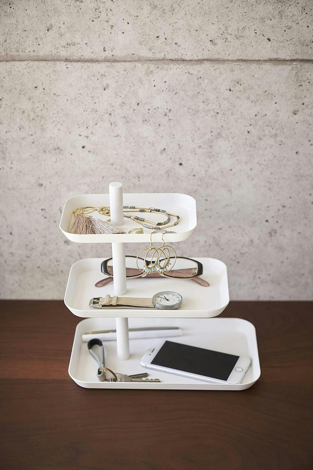 Modern 3-Tier White Metal Accessory & Jewelry Organizer Tray