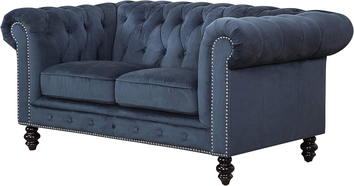 Elegant Navy Blue Velvet Chesterfield Loveseat with Silver Nailhead Accents