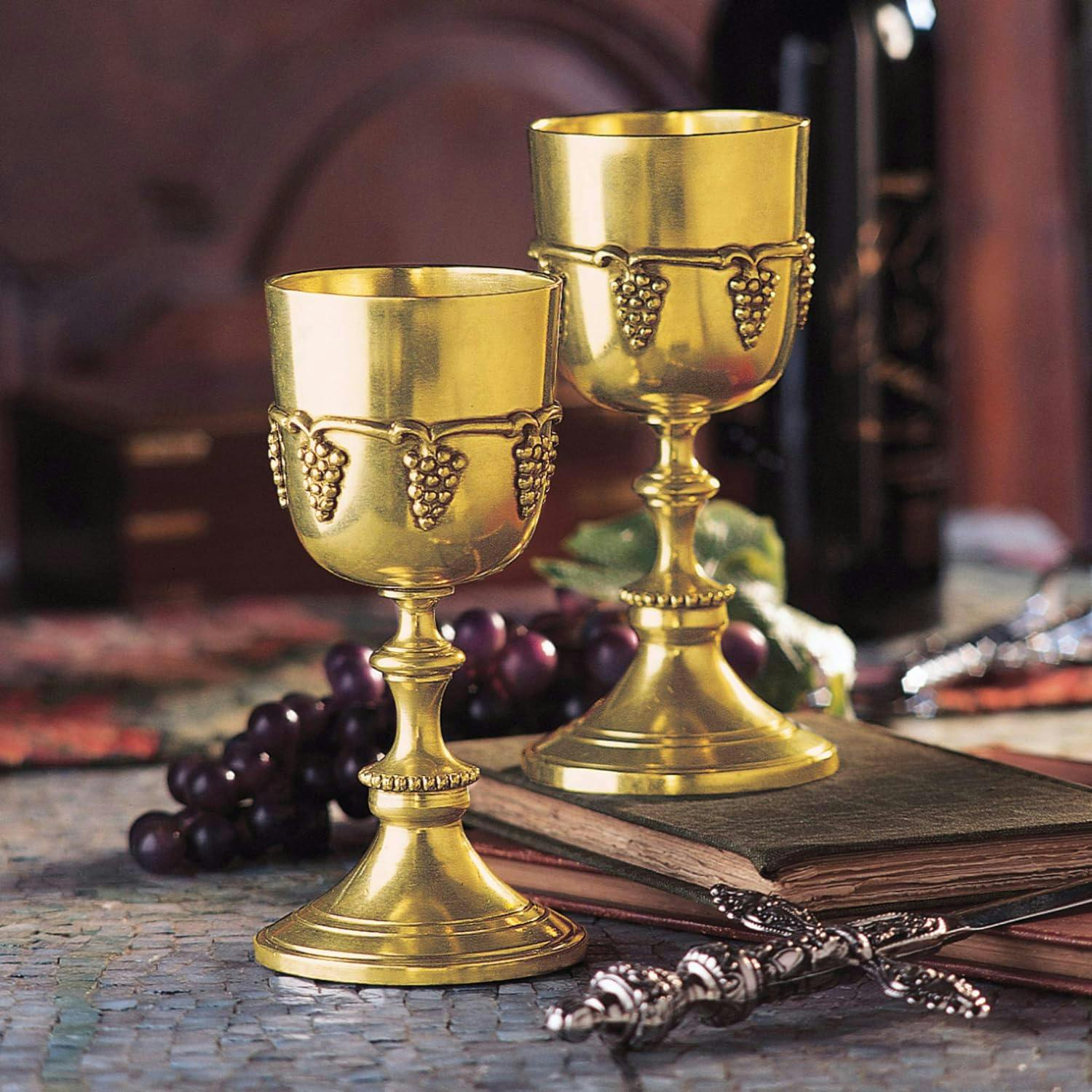 Old World Grace Solid Brass Grape Harvest Goblets - Set of Two