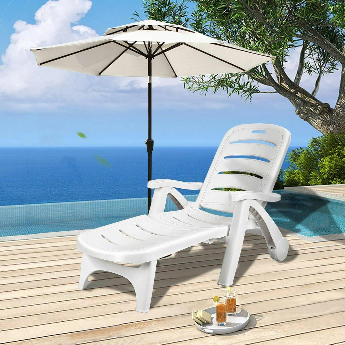 Coastal Breeze White PP Adjustable Chaise with Wheels