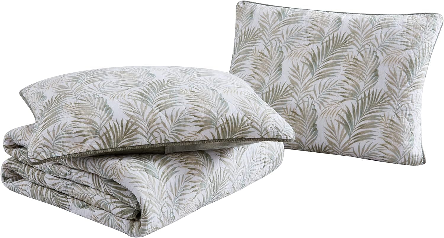 Reversible Sage Palm Motif White Cotton King Quilt Set
