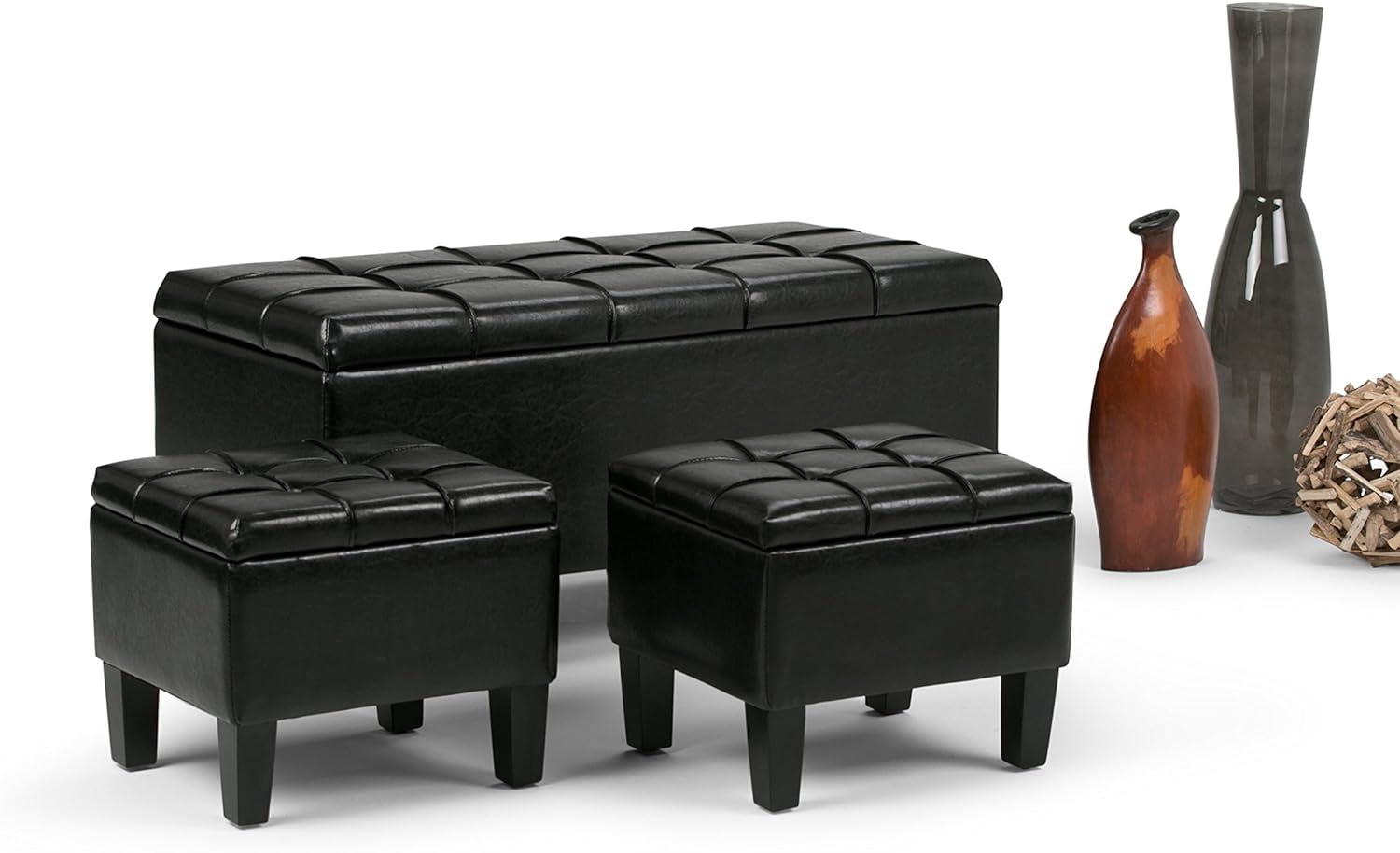 Dover Midnight Black Faux Leather 3-Piece Storage Ottoman Set