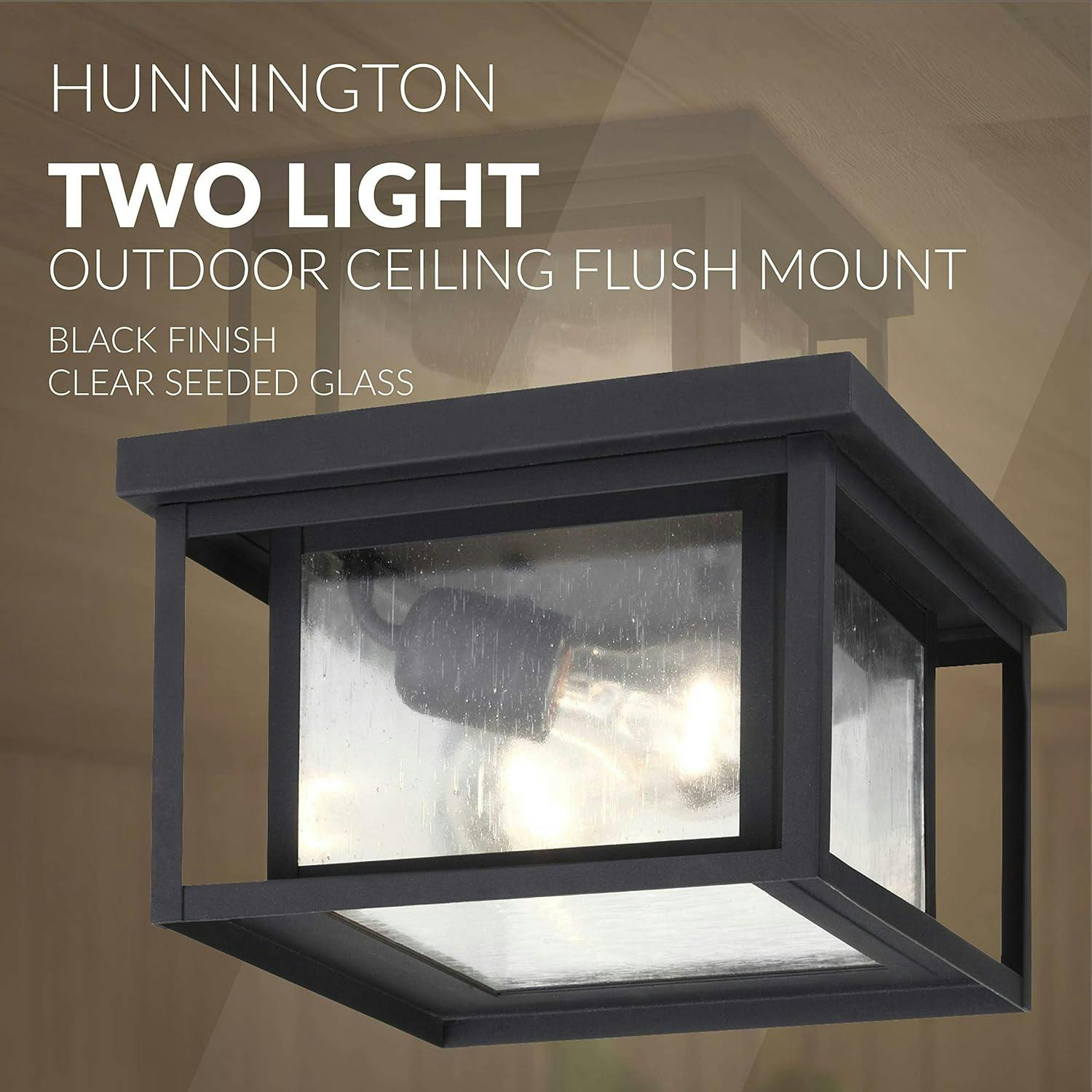 Hunnington Sleek Black 2-Light Outdoor Flush Mount with Clear Seeded Glass