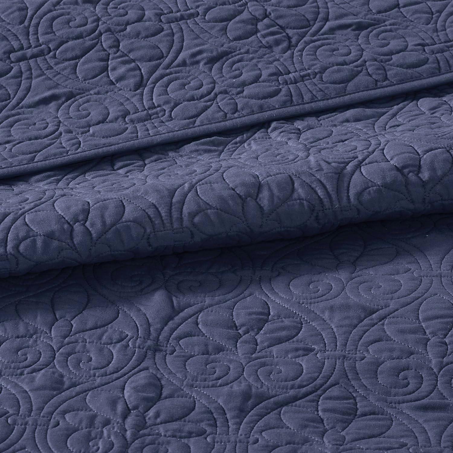 Navy King-Size Reversible Microfiber Bedspread Set with Classic Stitch