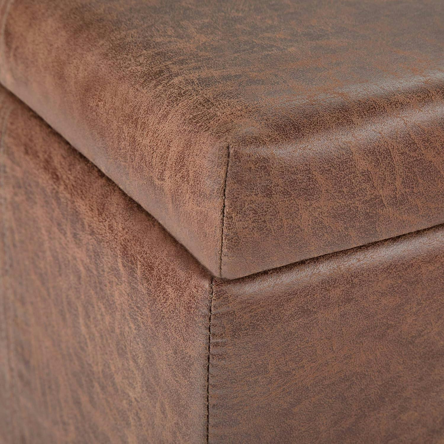 Dover Distressed Umber Brown Faux Leather Lift-Top Storage Ottoman