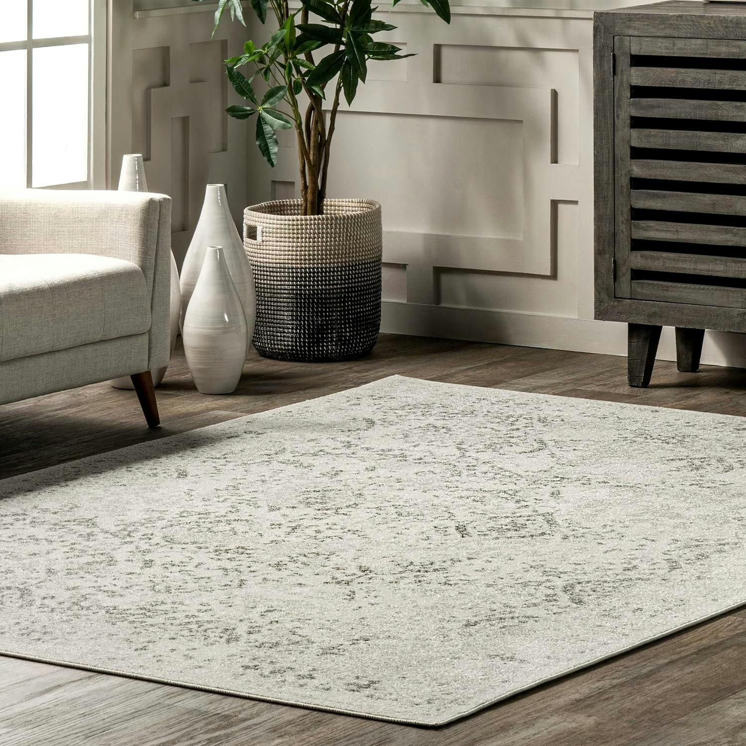 Ivory Rectangular Easy-Care Synthetic Area Rug