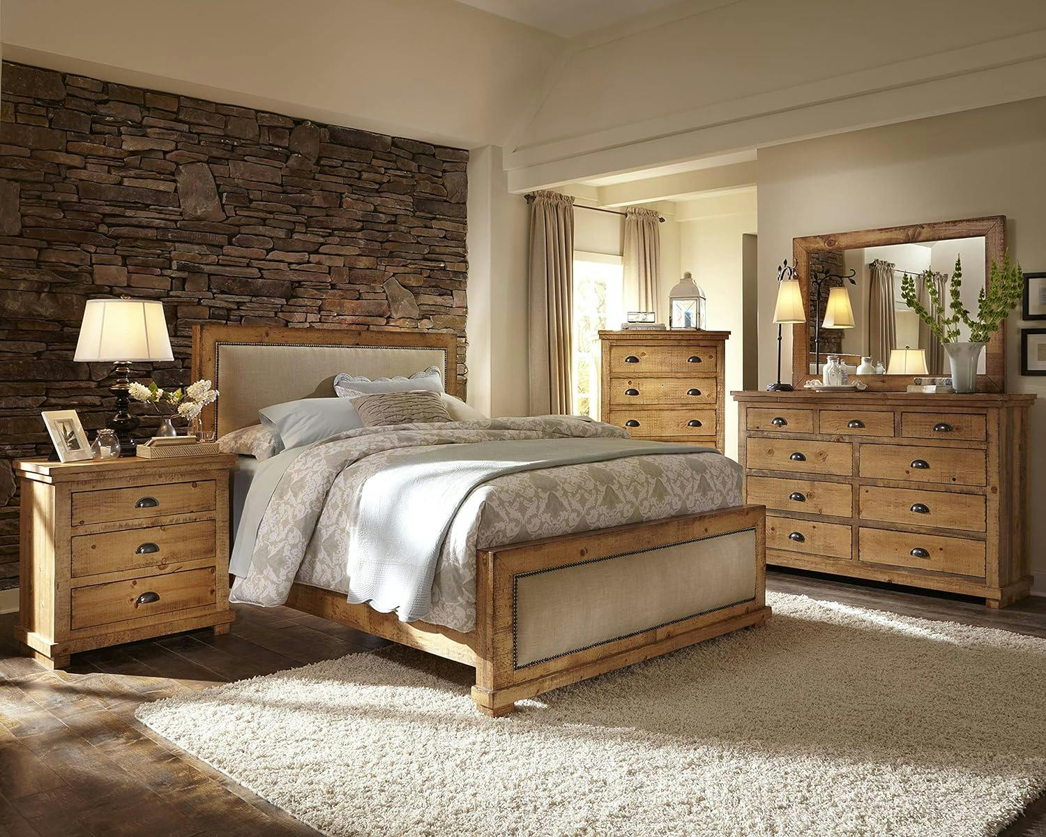 Rustic Pine King Bed with Nailhead Trim Upholstered Headboard