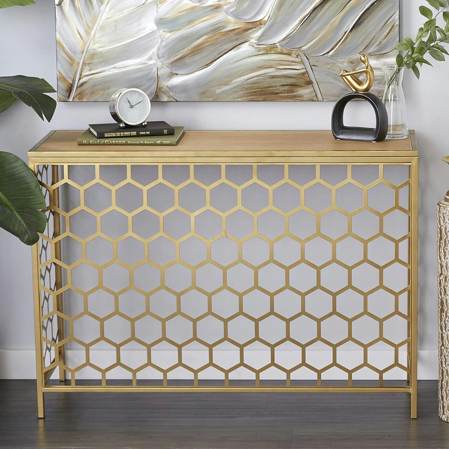 Elegant Gold Metal and Brown Wood Console Table with Honeycomb Pattern, 42"