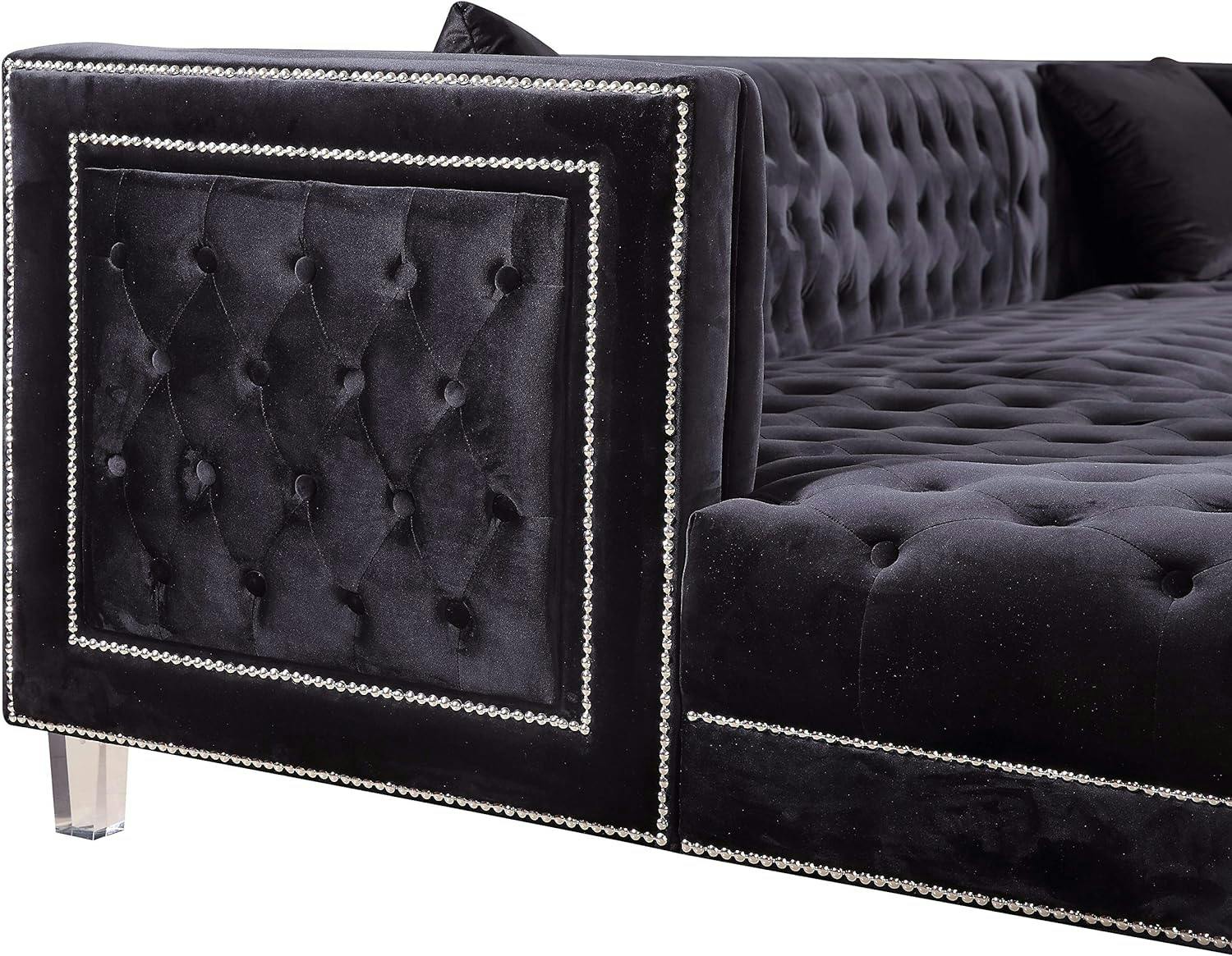 Luxurious Black Velvet Tufted 3-Piece Sectional with Nailhead Accents