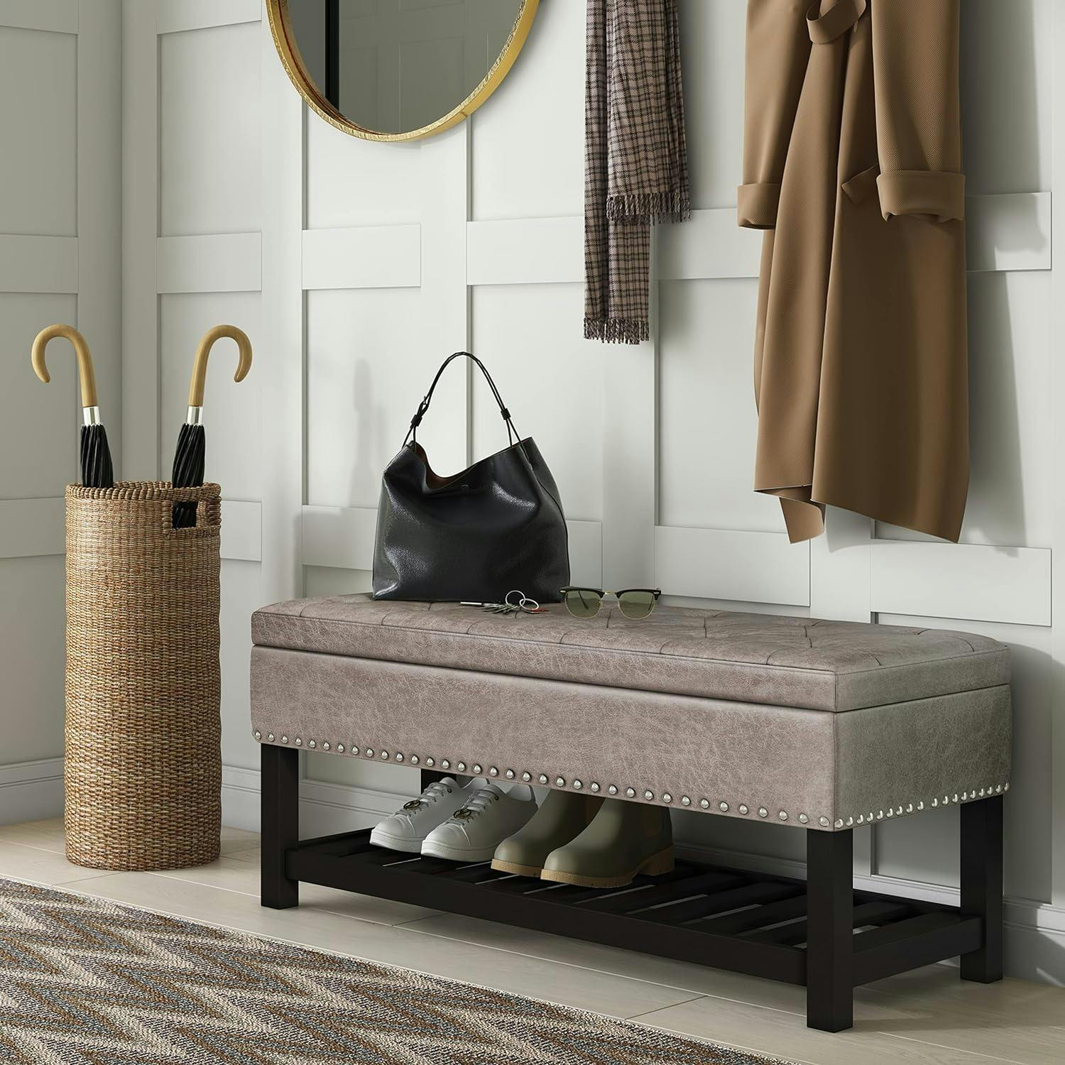 Lomond Distressed Gray Taupe Tufted Storage Ottoman Bench
