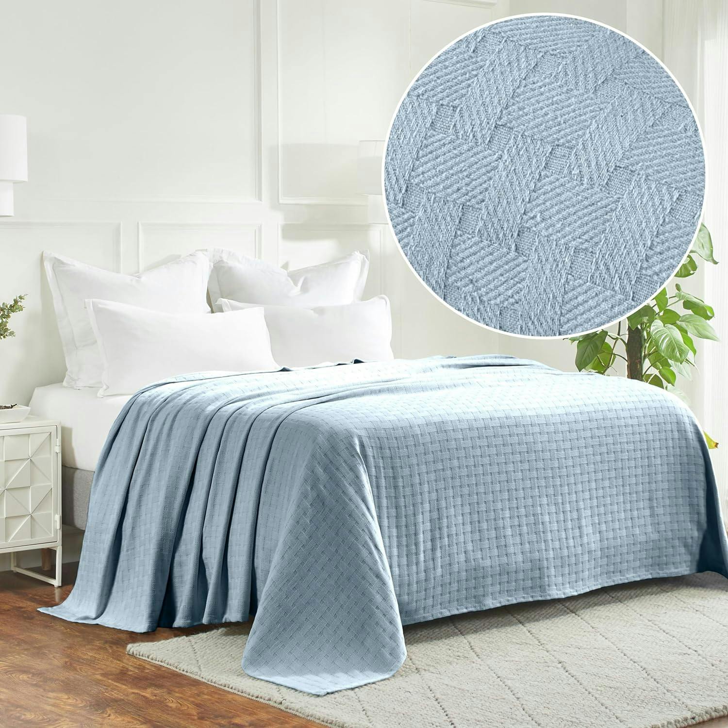 Dorland Light Blue Basketweave 100% Cotton All-Season Throw Blanket