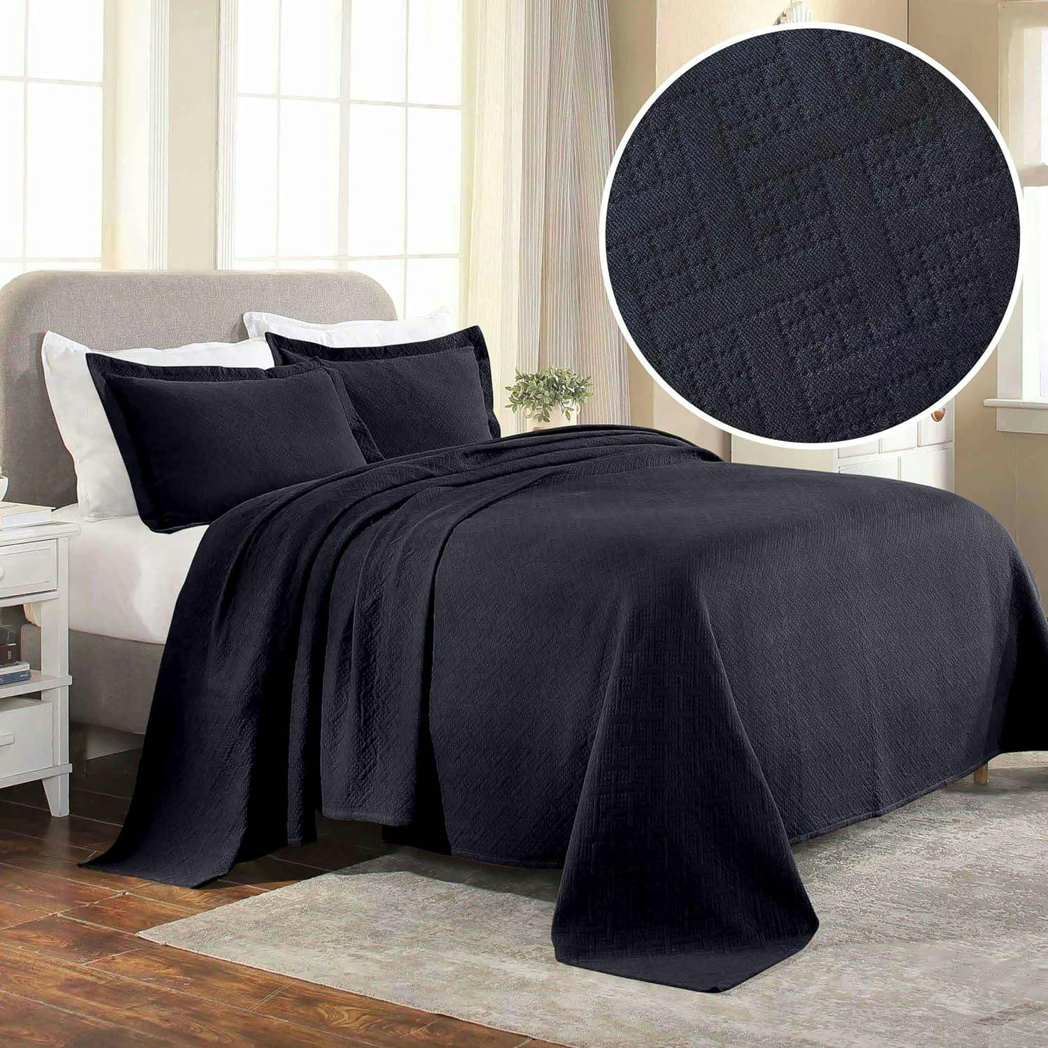 Elegant Navy Blue Cotton Basketweave Queen Bedspread Set
