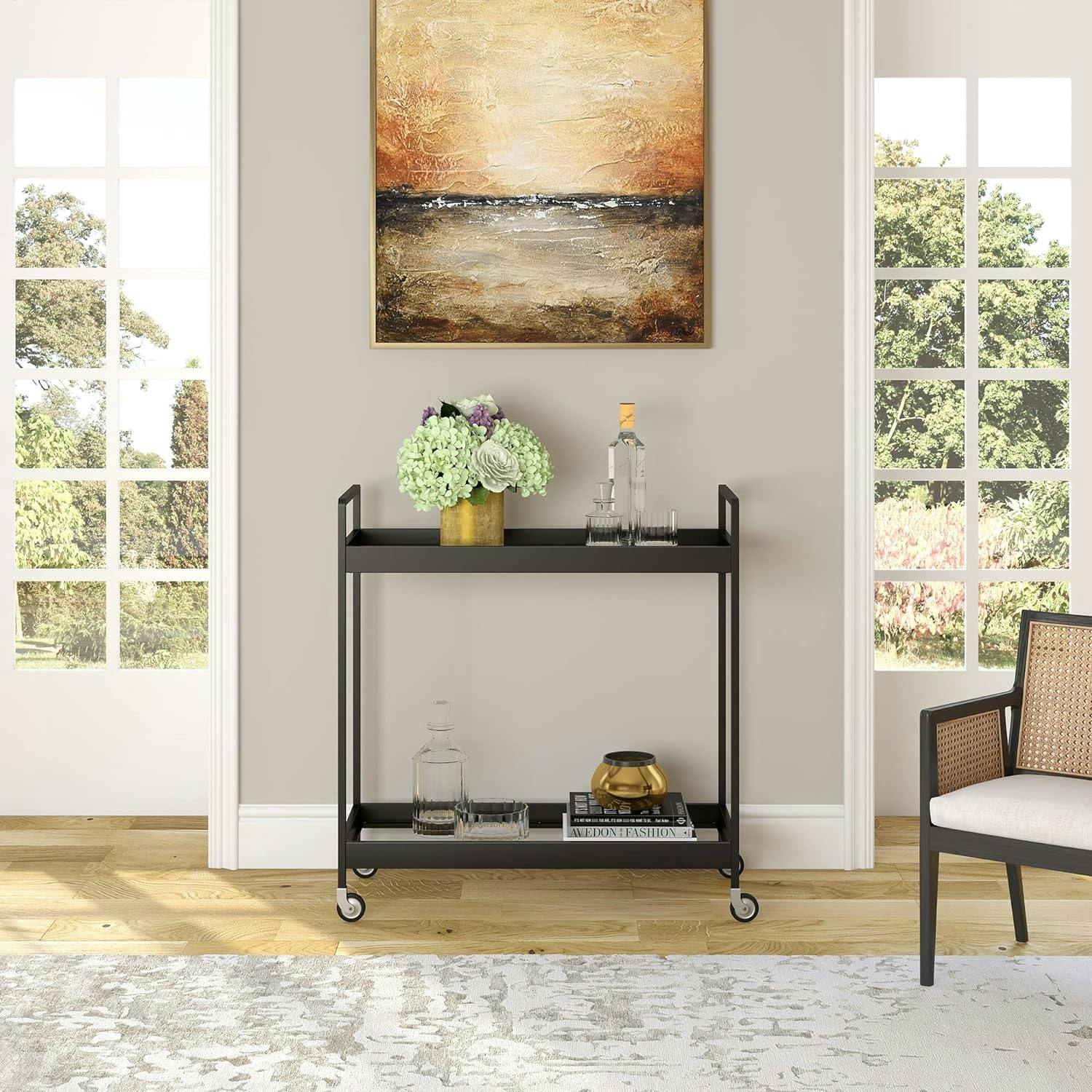 Evelyn & Zoe Contemporary Blackened Bronze Bar Cart with Tempered Glass Shelves