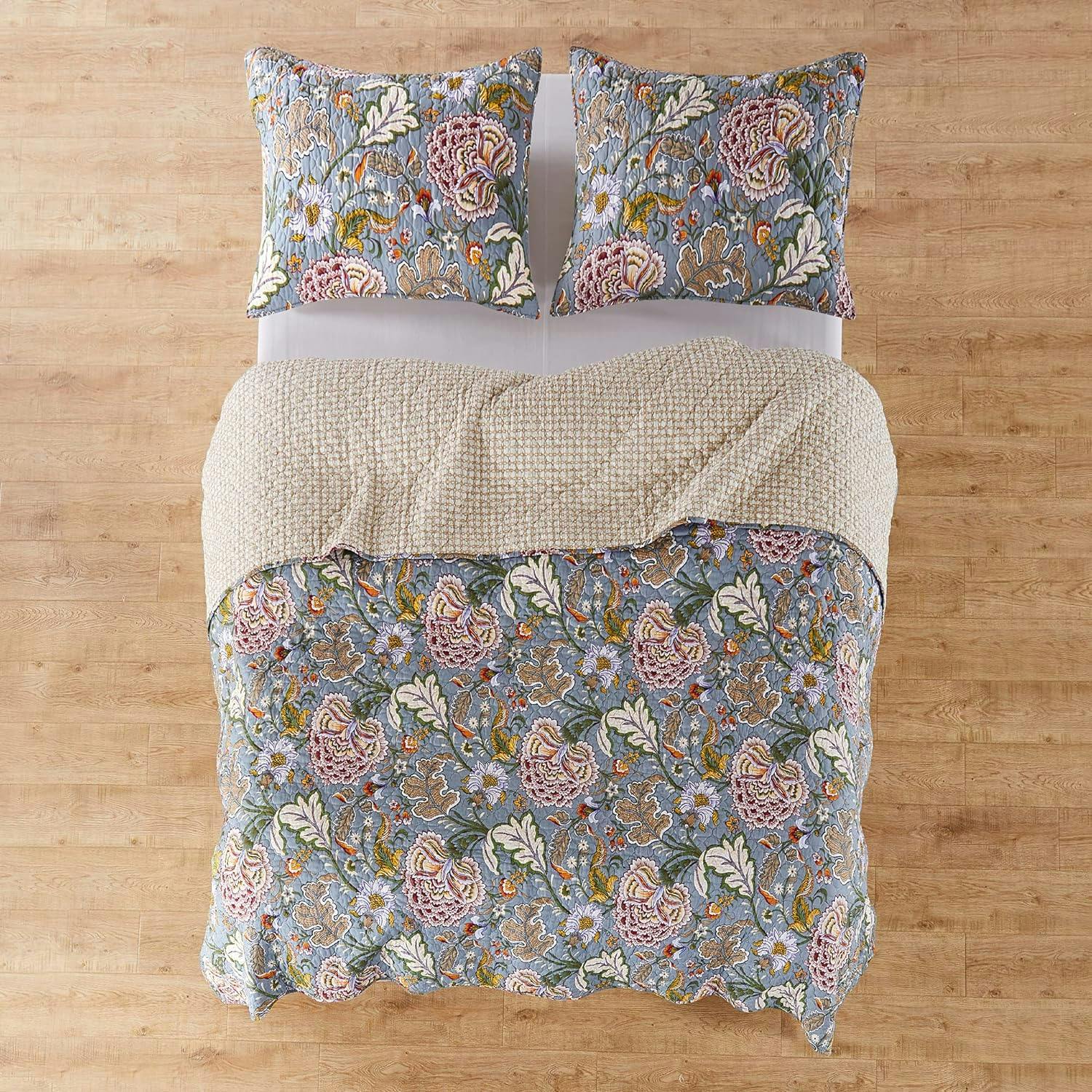 Angelica Full/Queen Cotton Quilt and Sham Set in Blue and Taupe