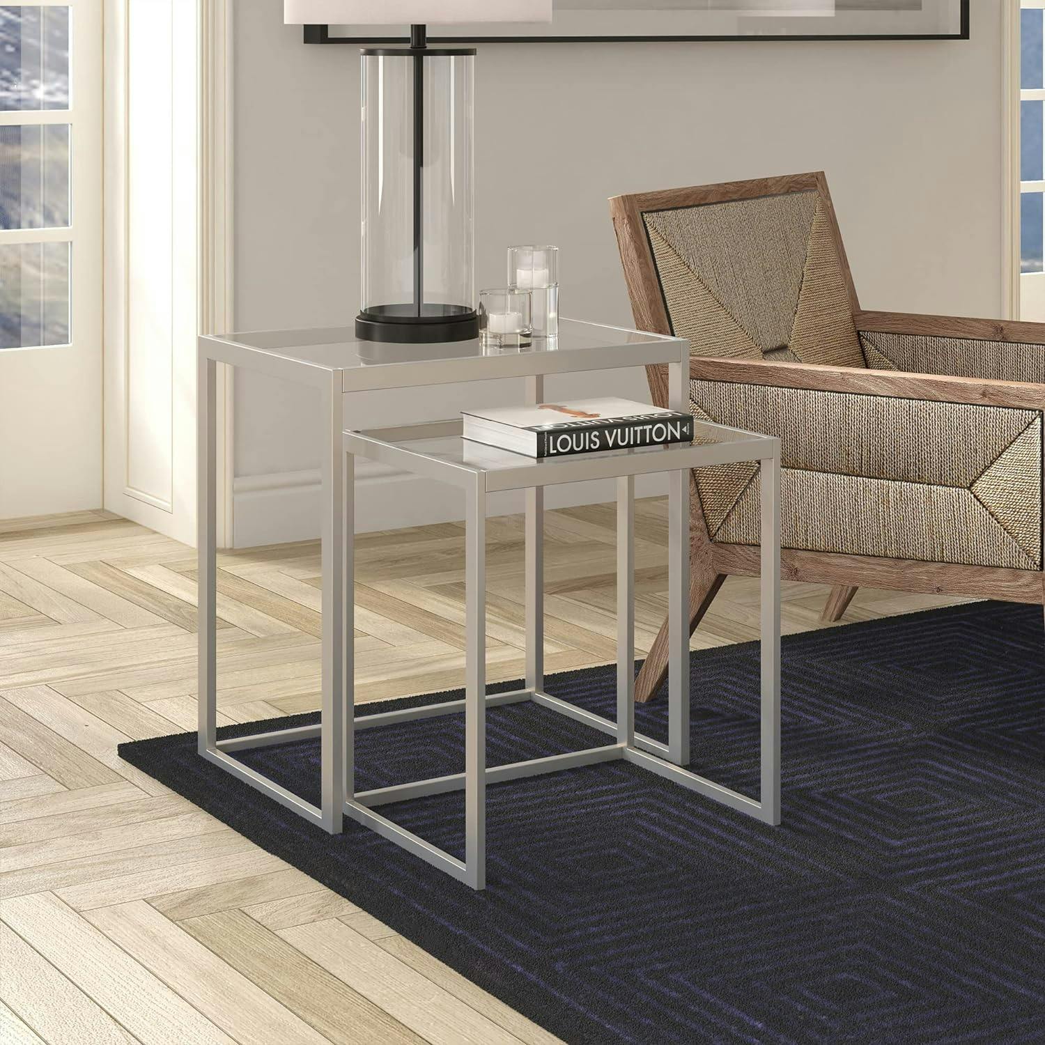 Satin Nickel Rectangular Nested Side Table with Tempered Glass Top