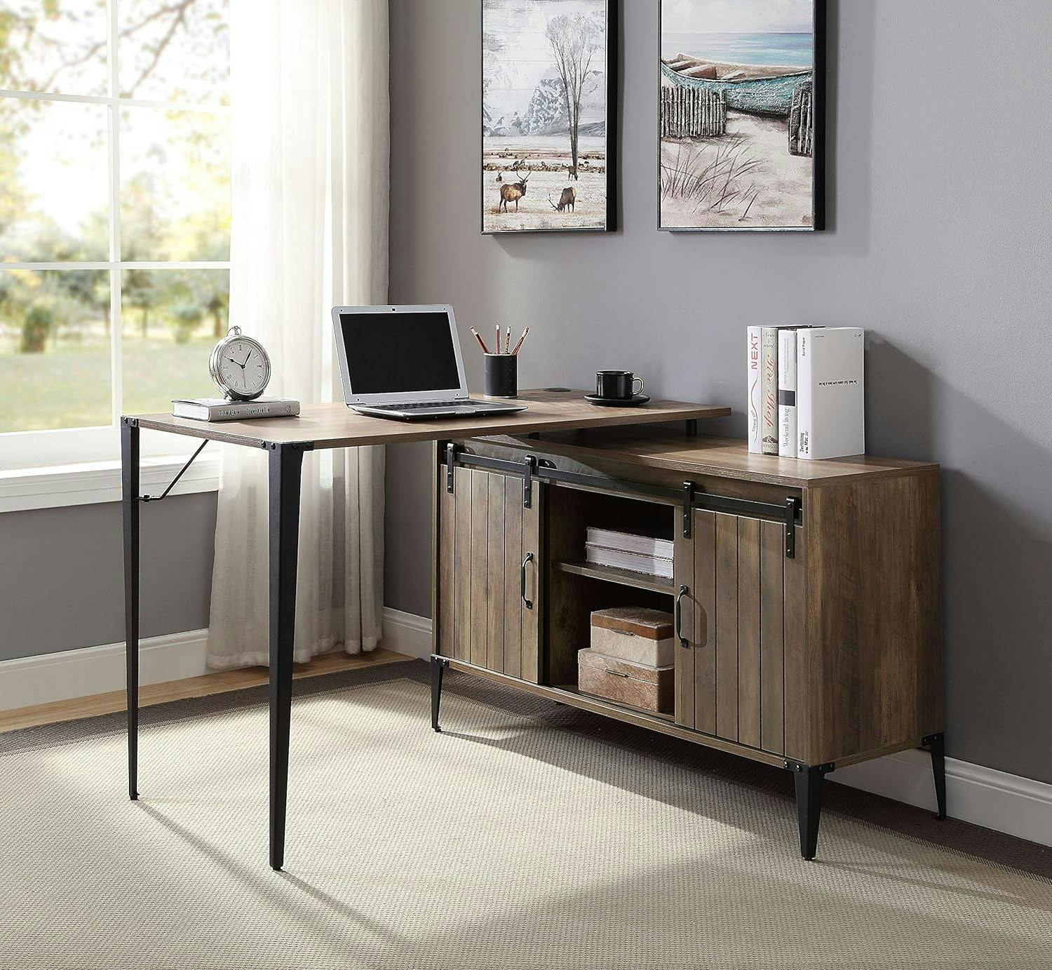 Executive Rustic Oak Corner Desk with USB Port and Filing Cabinet