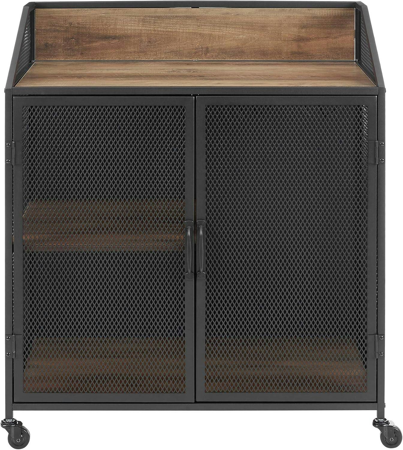 Rustic Oak 33" Industrial Metal Rolling Bar Cabinet with Mesh Doors