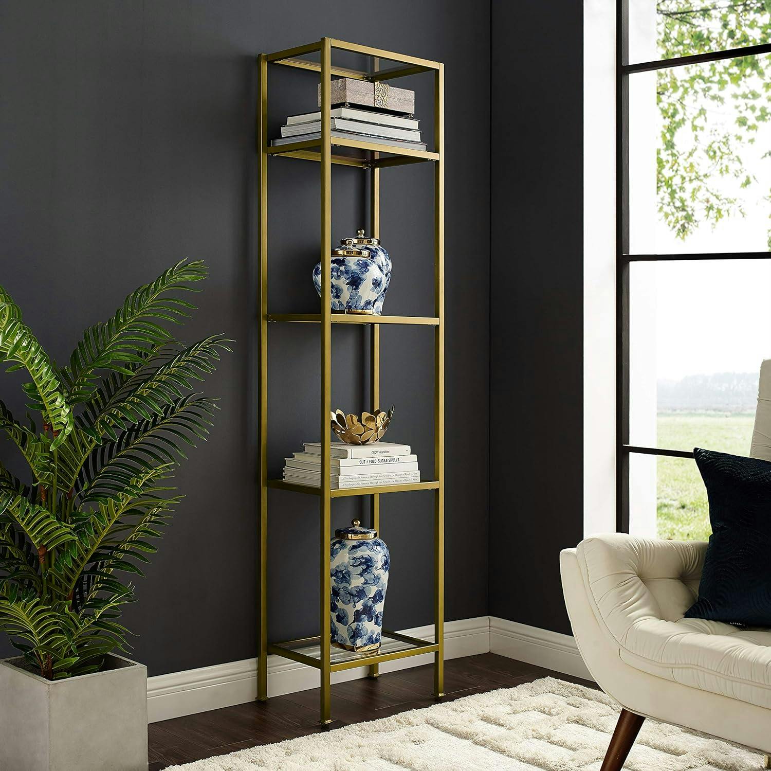 Elegant Antique Gold 79" Narrow Etagere with Tempered Glass Shelves