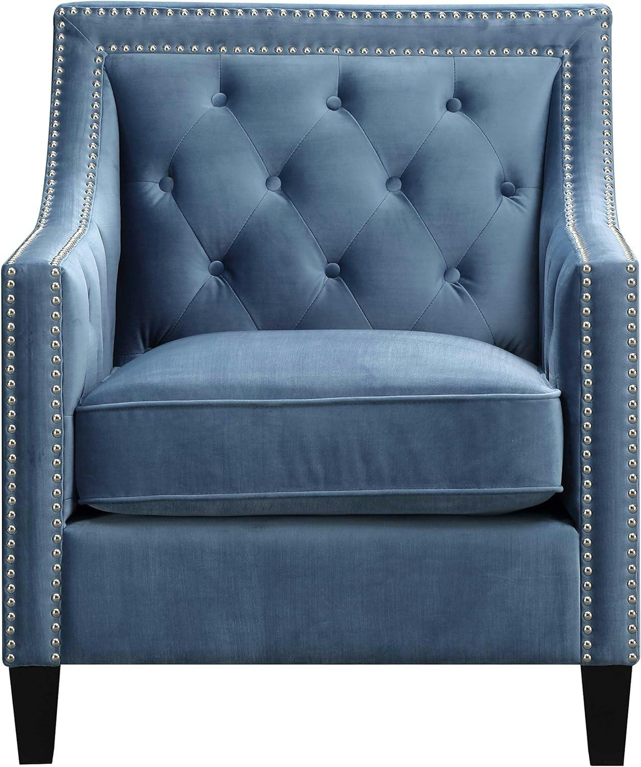 Marine Blue Velvet Square-Arm Accent Chair with Silver Nailhead Trim
