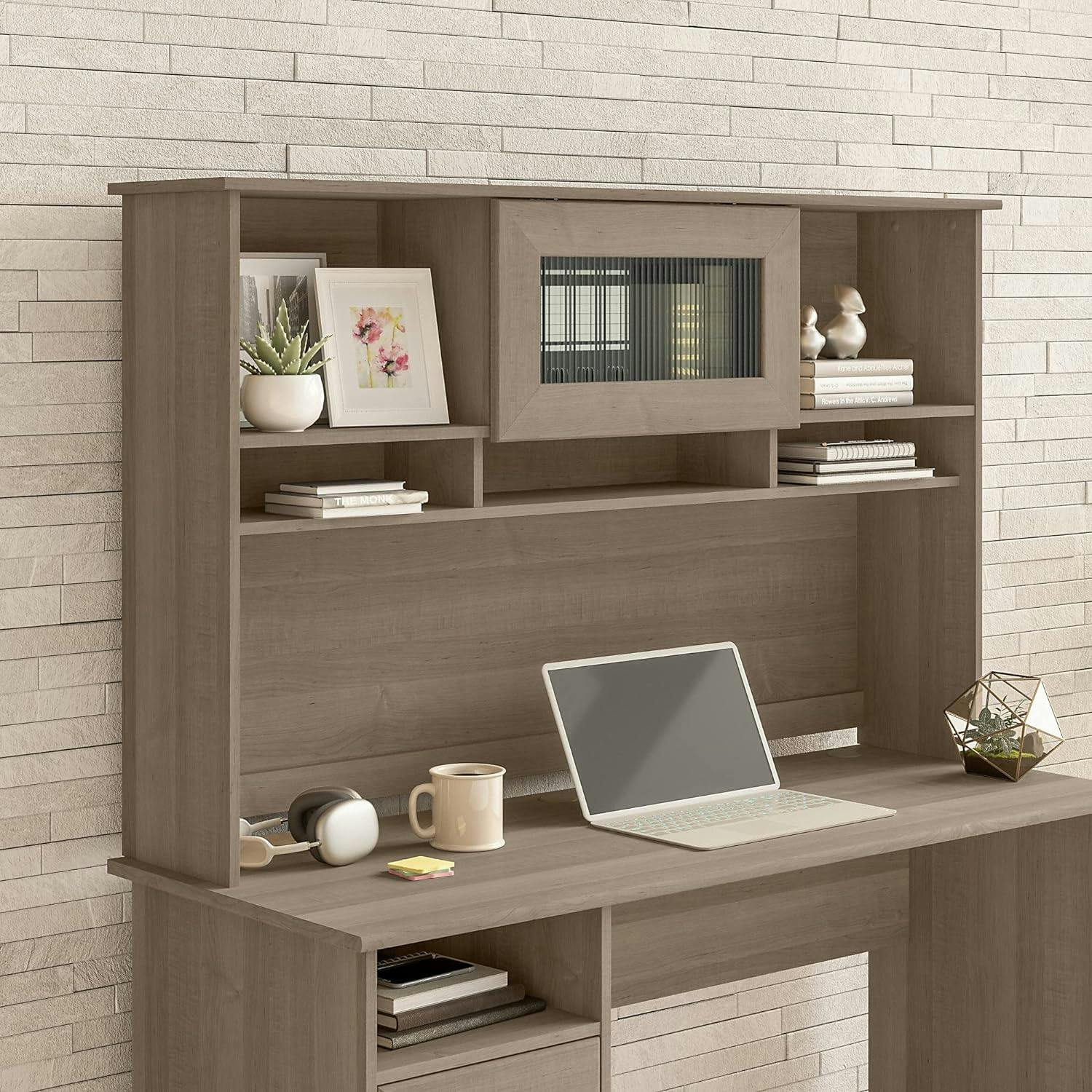 Ash Gray Transitional 60W Desk Hutch with Fluted Glass Door