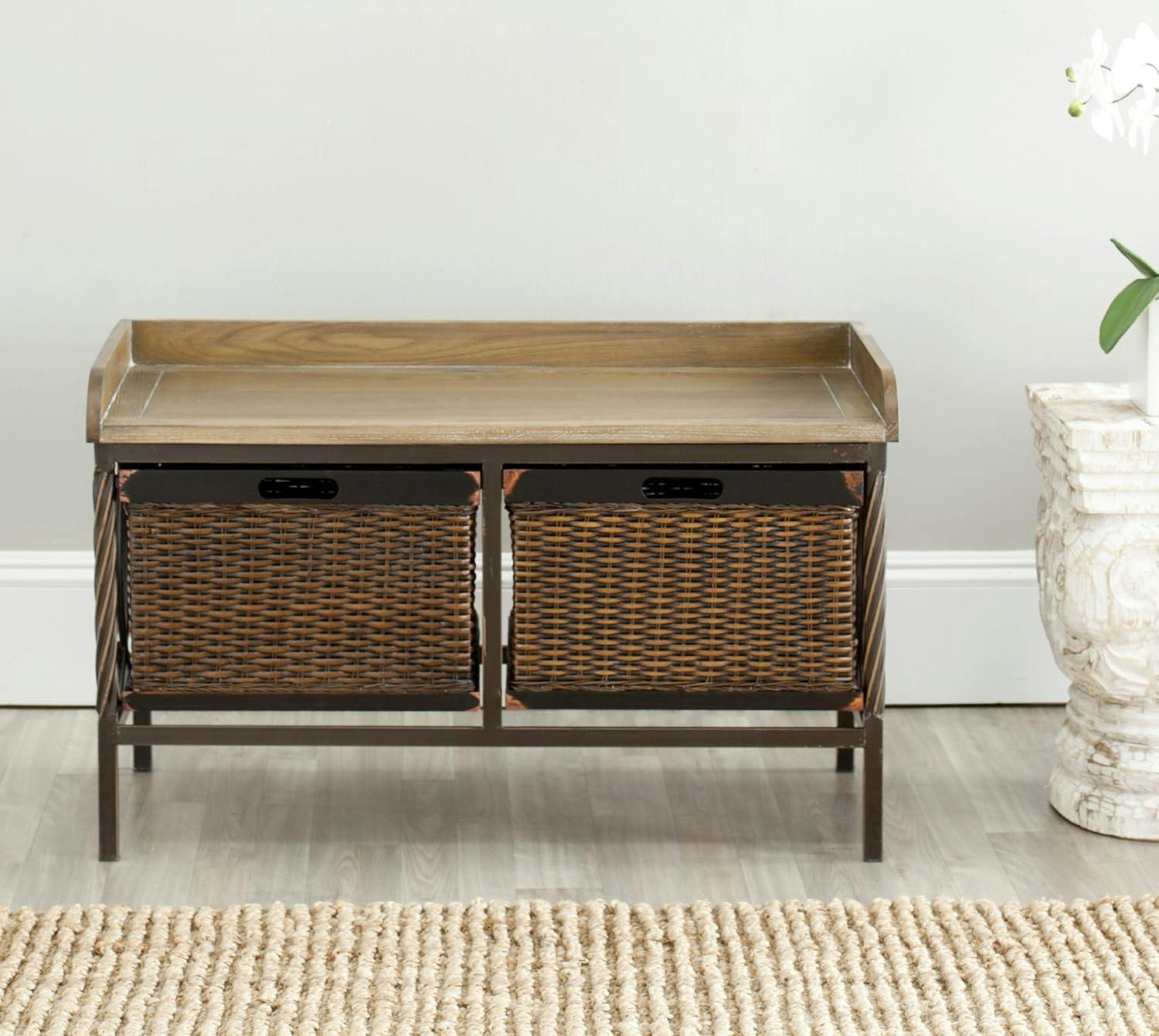 Transitional White Elm Wood Storage Bench with Antiqued Pewter Frame