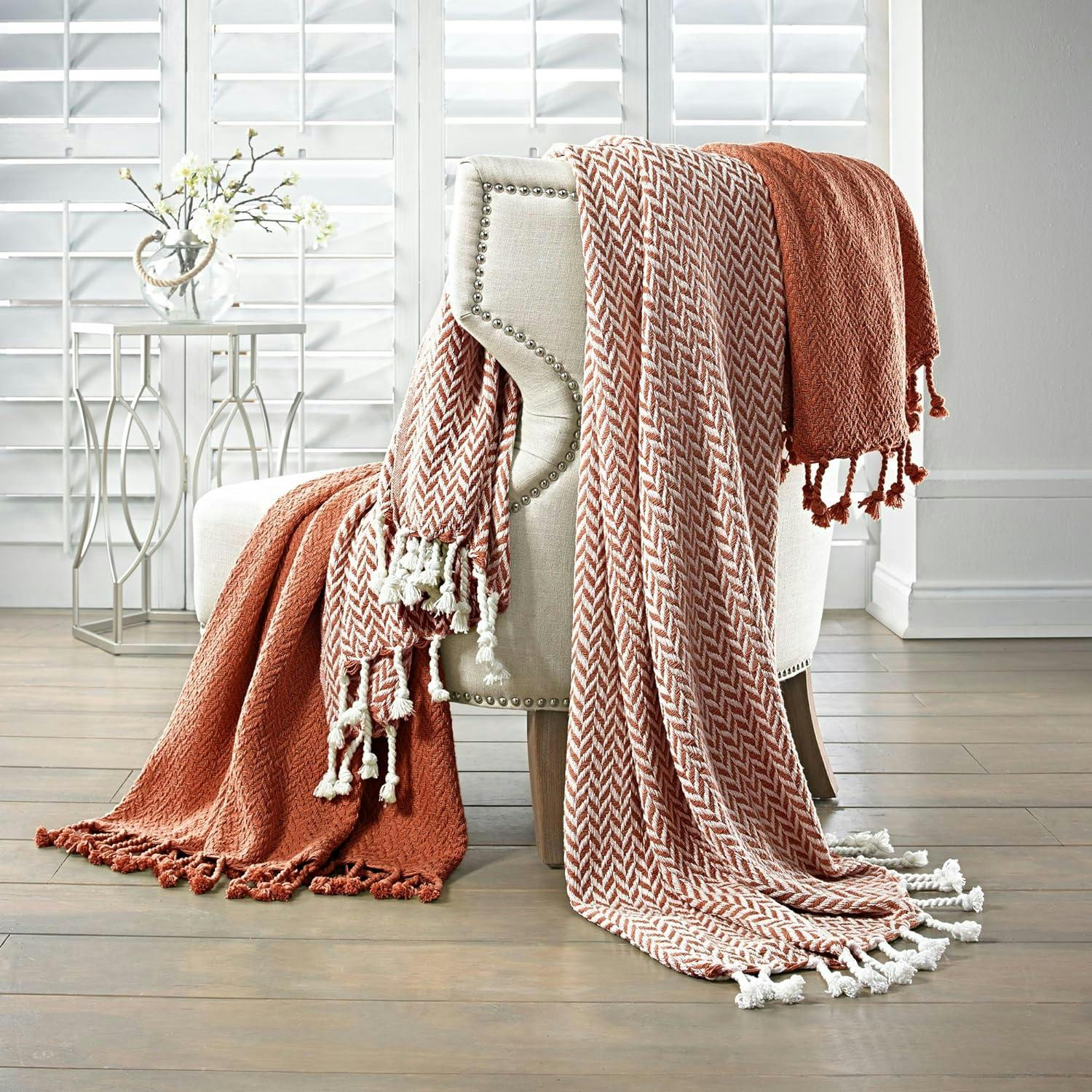 Monaco Chic 100% Cotton Reversible Throw Blanket Set with Tassels, 50" x 60"