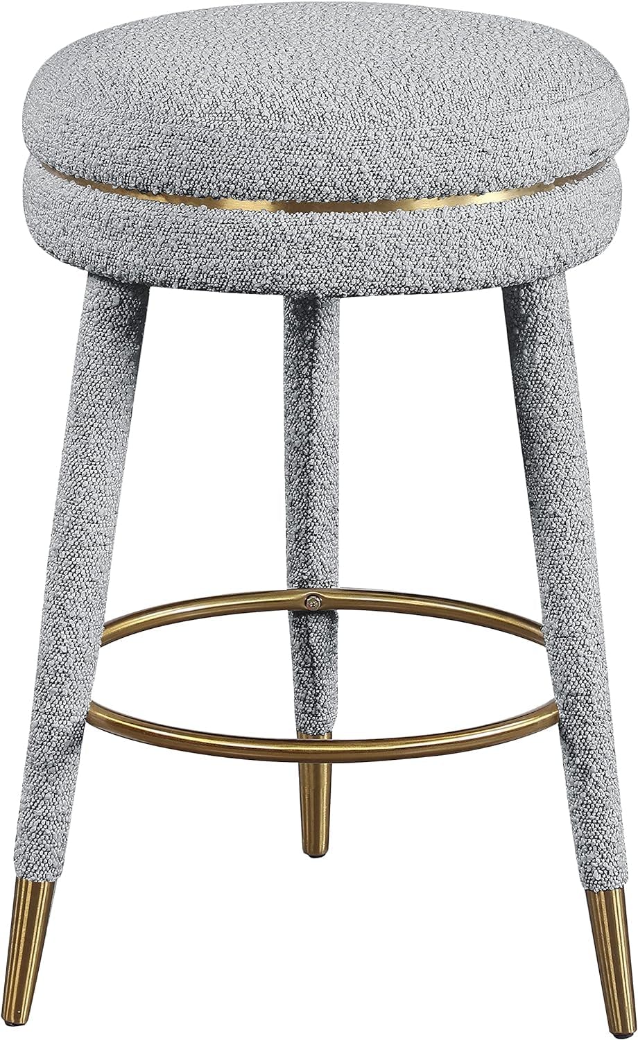 Contemporary Grey Boucle Swivel Counter Stool with Gold Accents