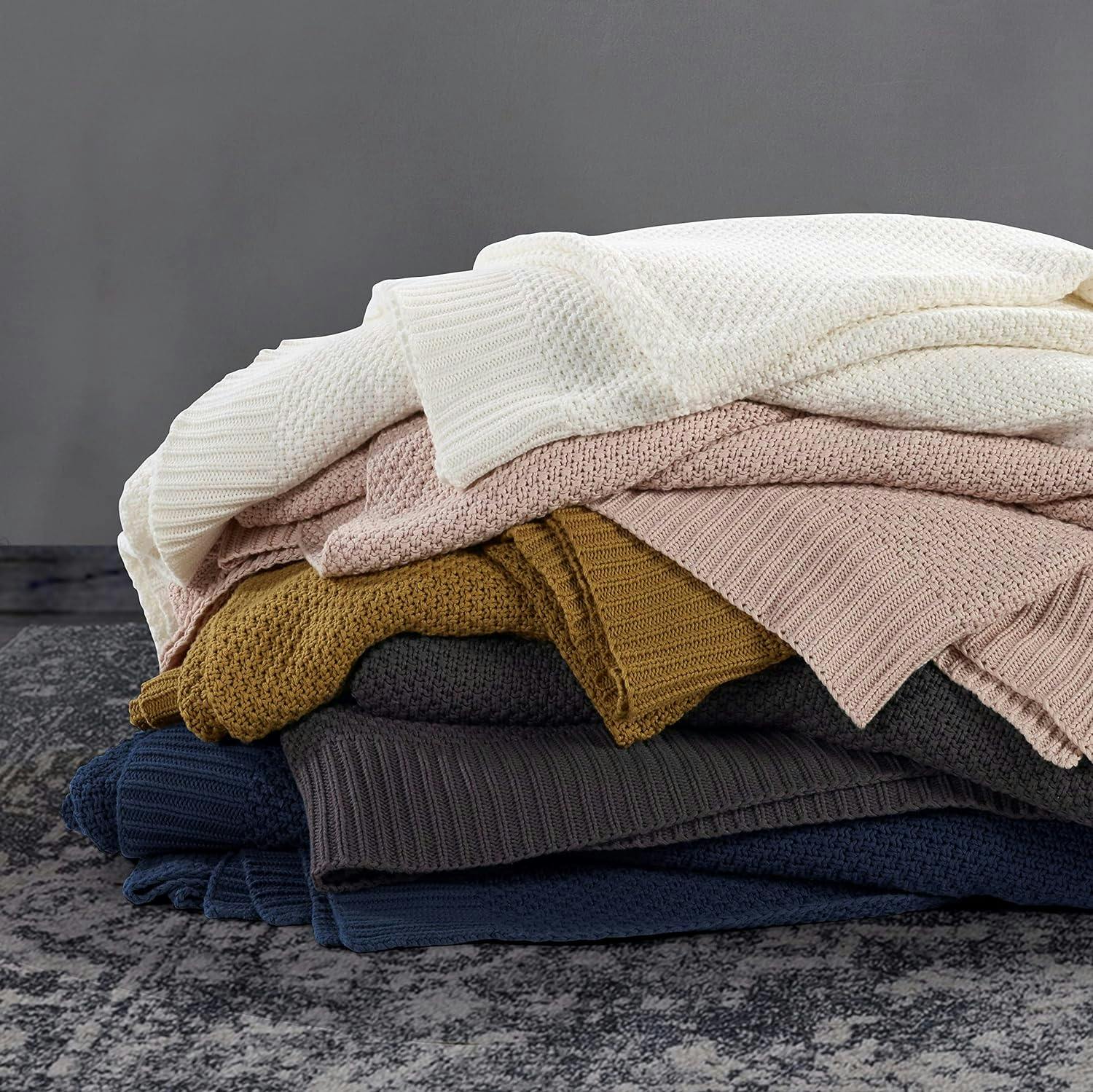 Luxurious Navy Cotton Knit Throw Blanket, 50x60 inch, Cozy Farmhouse Style