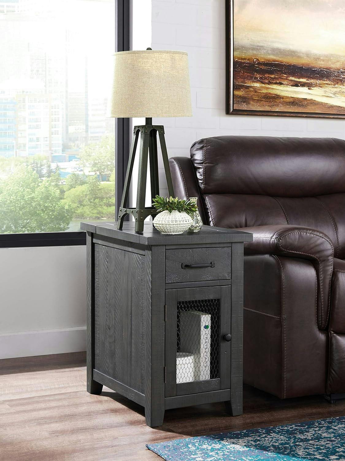 Rustic Gray Pine Chairside Table with Power Outlets and USB Ports