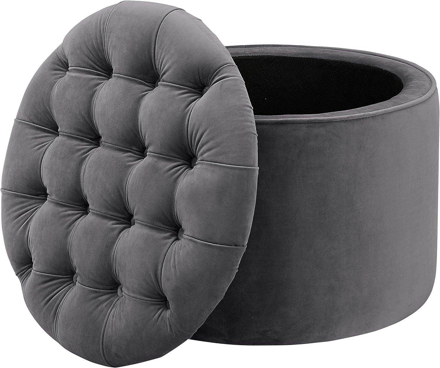 Contemporary Grey Velvet Tufted Round Storage Ottoman