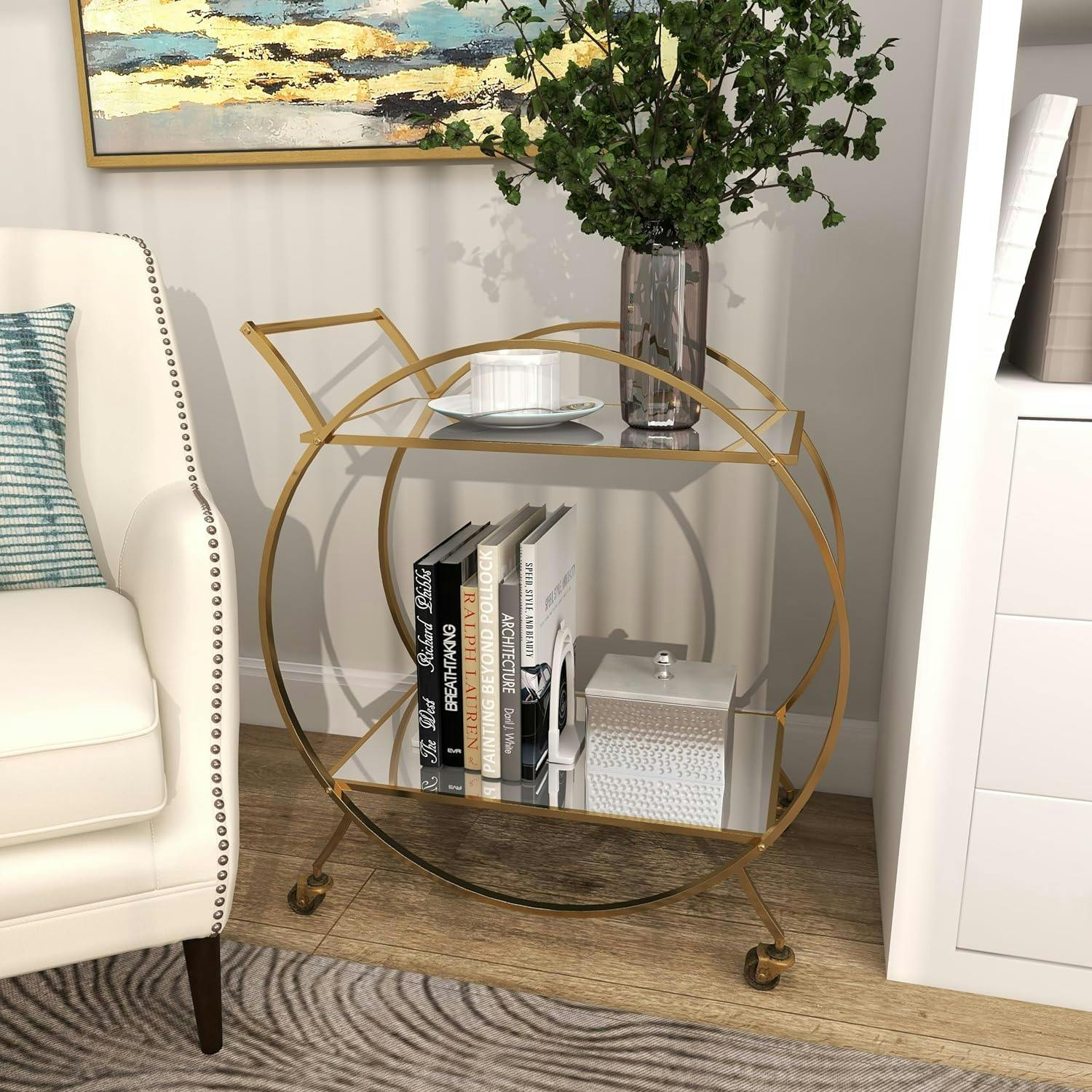 Elegant Gold Metal Bar Cart with Mirrored Shelves and Wheels