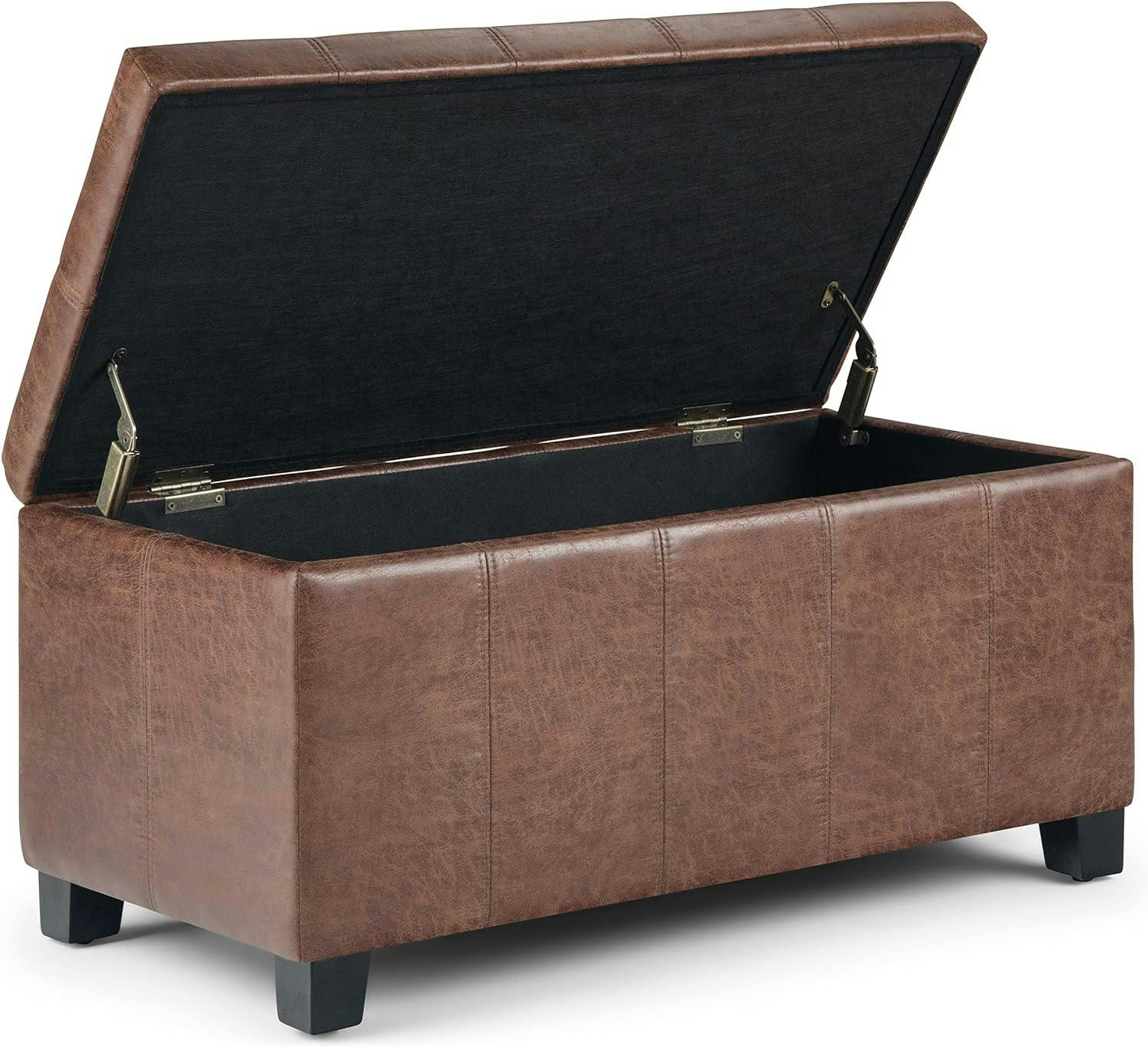 Dover Distressed Umber Brown Faux Leather Lift-Top Storage Ottoman