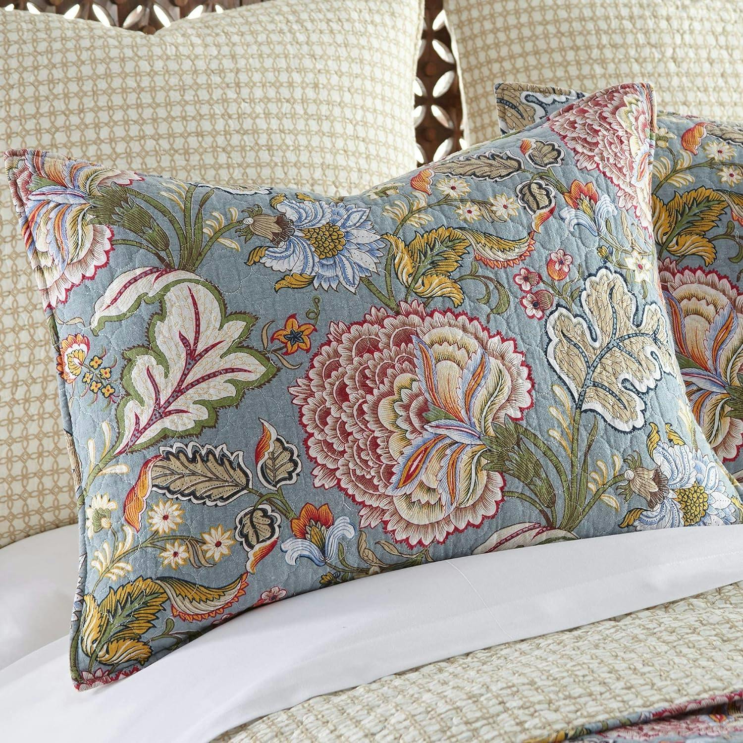 Angelica Full/Queen Cotton Quilt and Sham Set in Blue and Taupe