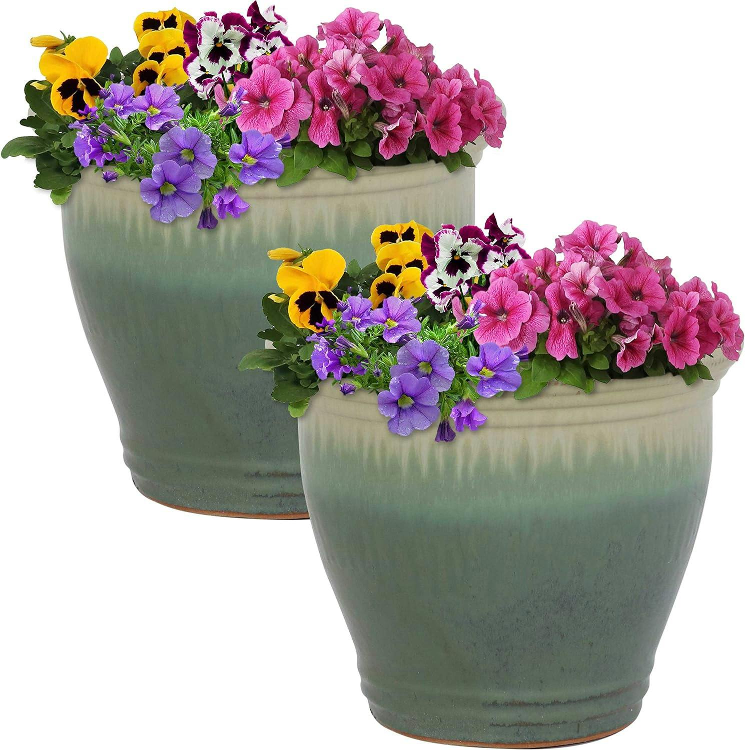 Seafoam High-Fired Glazed Ceramic Planter Duo with Drainage, 11-Inch