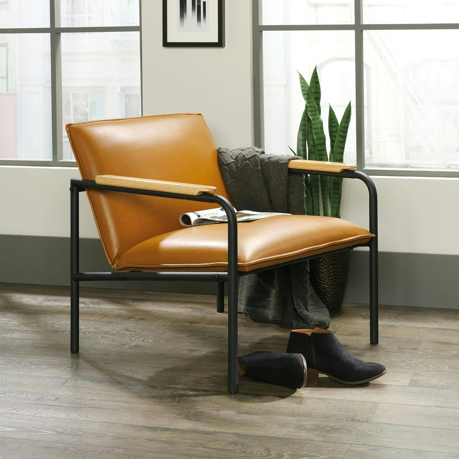 Boulevard Camel Faux Leather Lounge Chair with Metal Frame