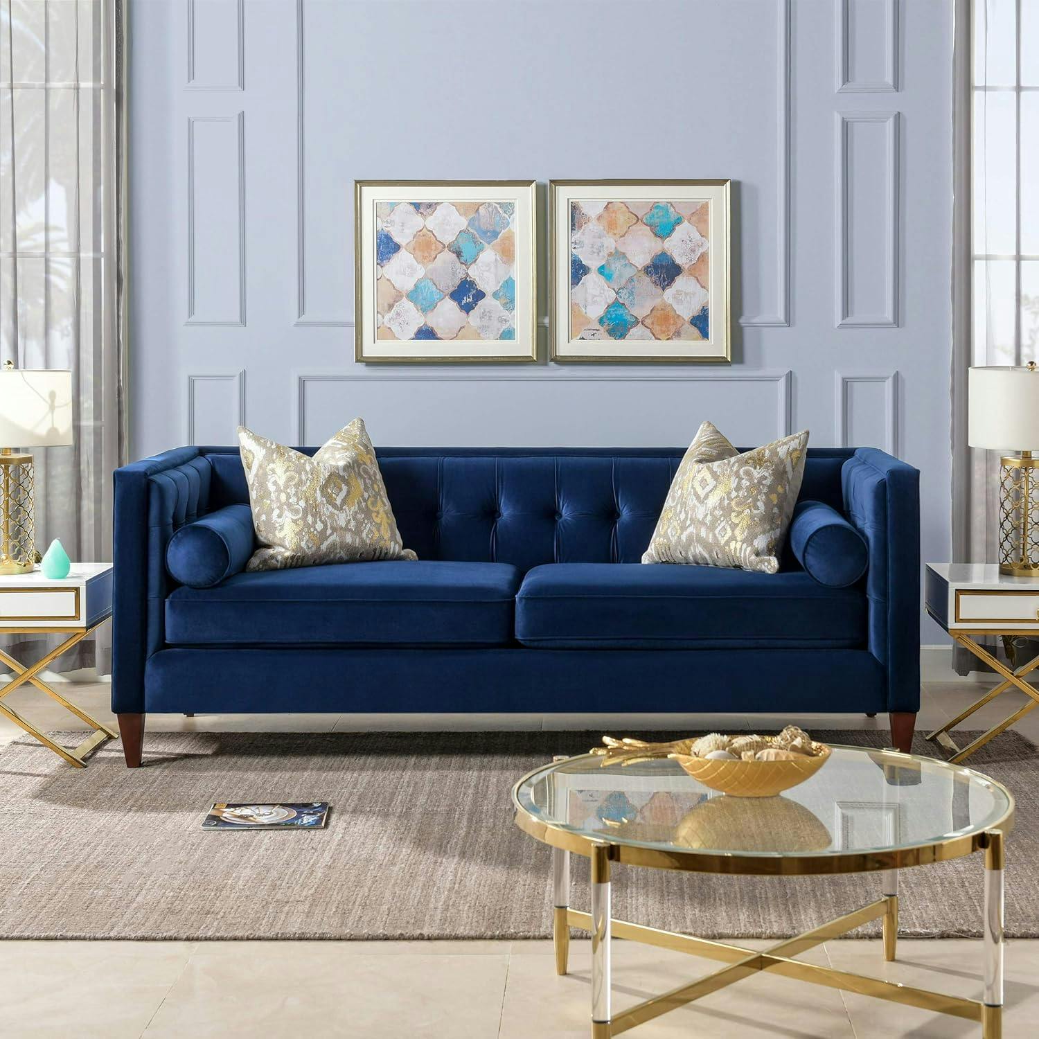 Elegant Navy Blue Velvet Chesterfield Sofa with Tufted Accents