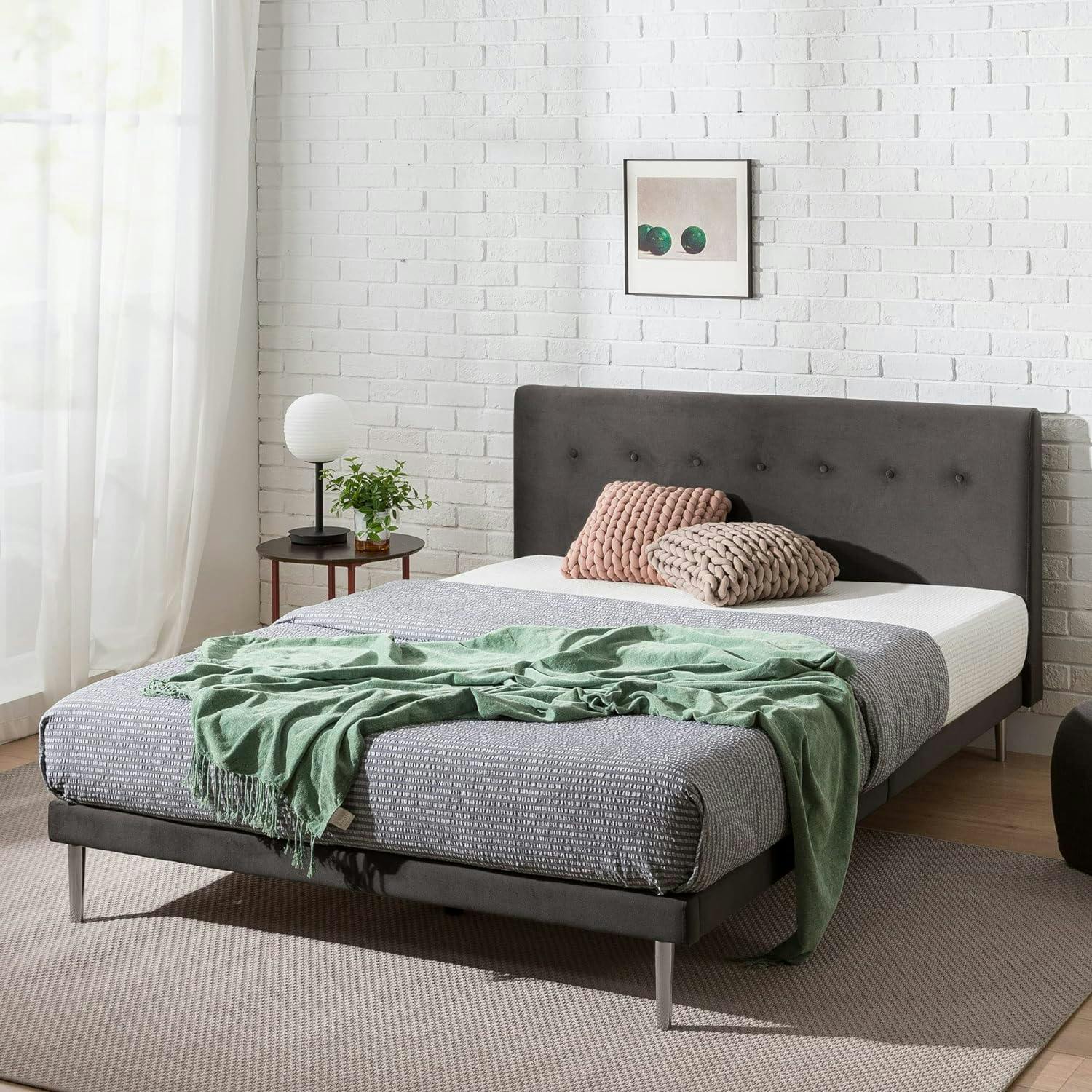 Charcoal Velvet Tufted Full Platform Bed with Tapered Metal Legs