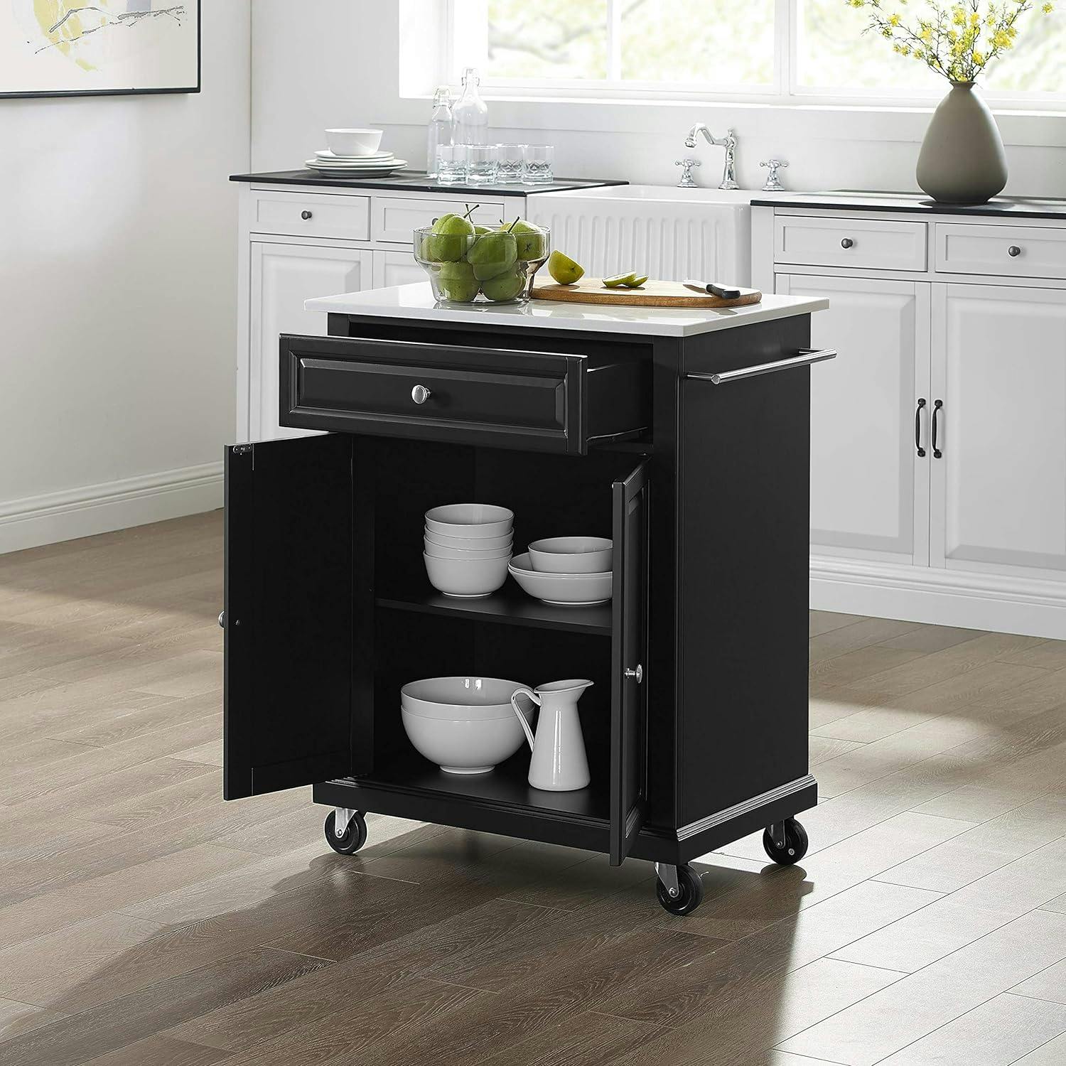 Elegant Stainless Steel Kitchen Cart with Granite Top and Storage