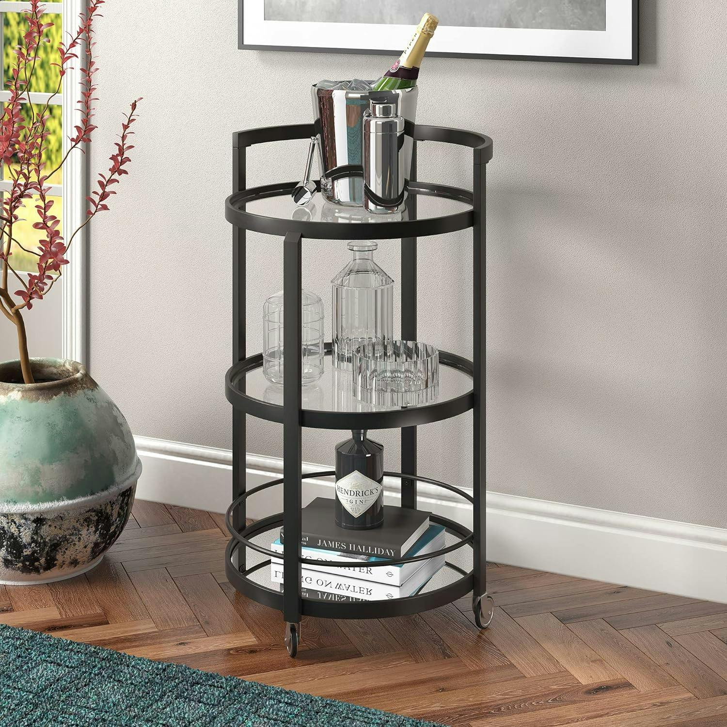 Bronze-Tinted Glass and Blackened Steel Round Bar Cart with Wine Rack