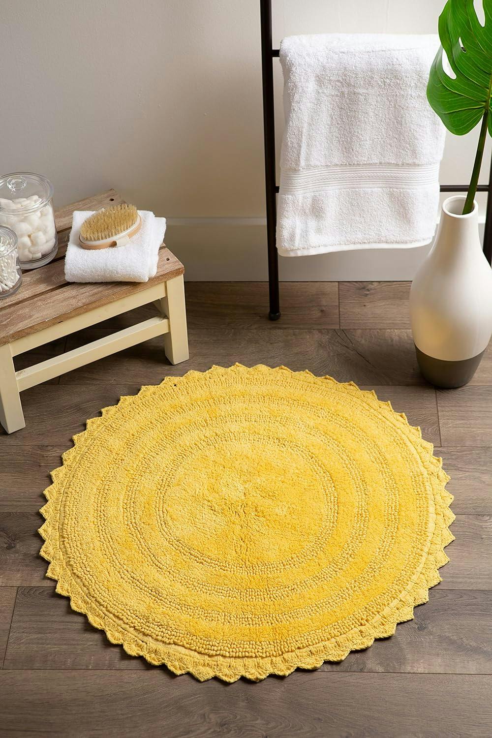Plush Cotton 28" Yellow Round Crochet Bath Mat