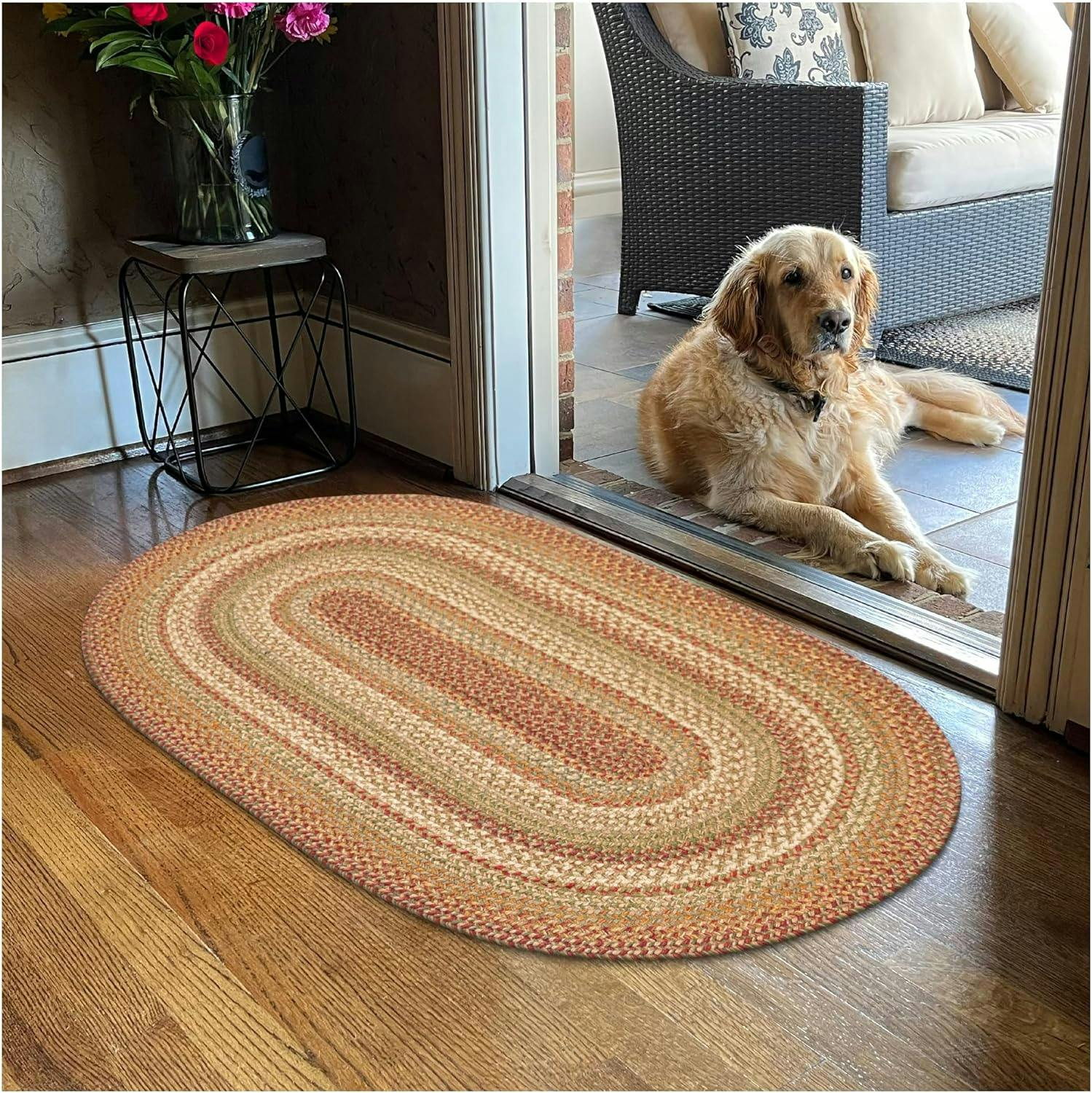 Harvest Oval Braided 20" x 30" Rug in Tan, Beige, and Gold Wool Blend