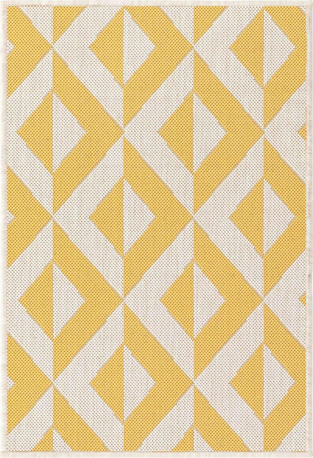 Sunny Geometric 2' x 3' Yellow & Ivory Outdoor Flatweave Rug