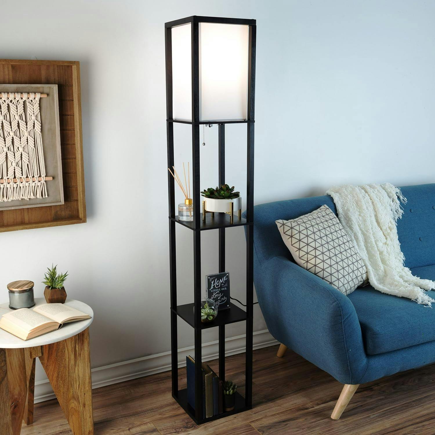 Modern Black Etagere Floor Lamp with White Polyester Shade