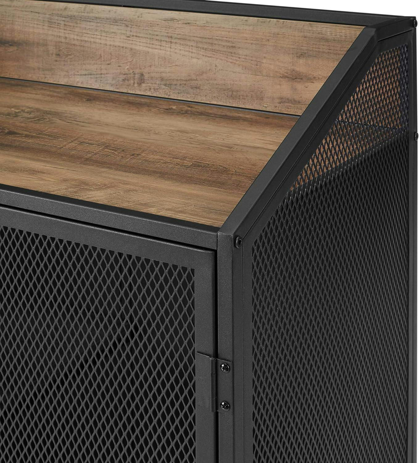 Rustic Oak 33" Industrial Metal Rolling Bar Cabinet with Mesh Doors