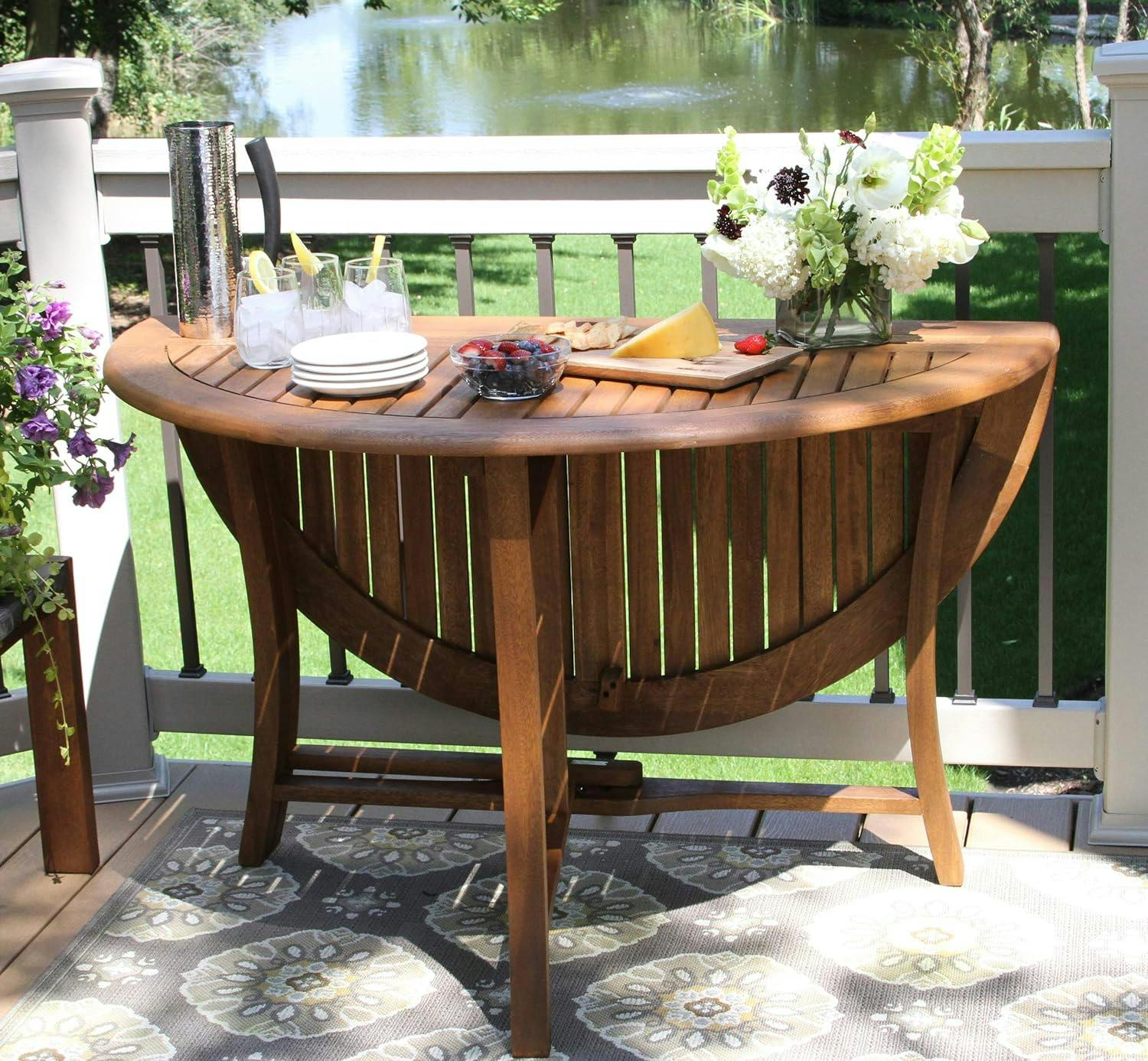 Eilaf 48" Round Folding Eucalyptus Outdoor Table with Umbrella Hole